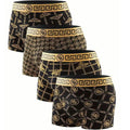 4-Pieces: Men's Luxury Black Golden Print Mid-Waist Boxer Brief