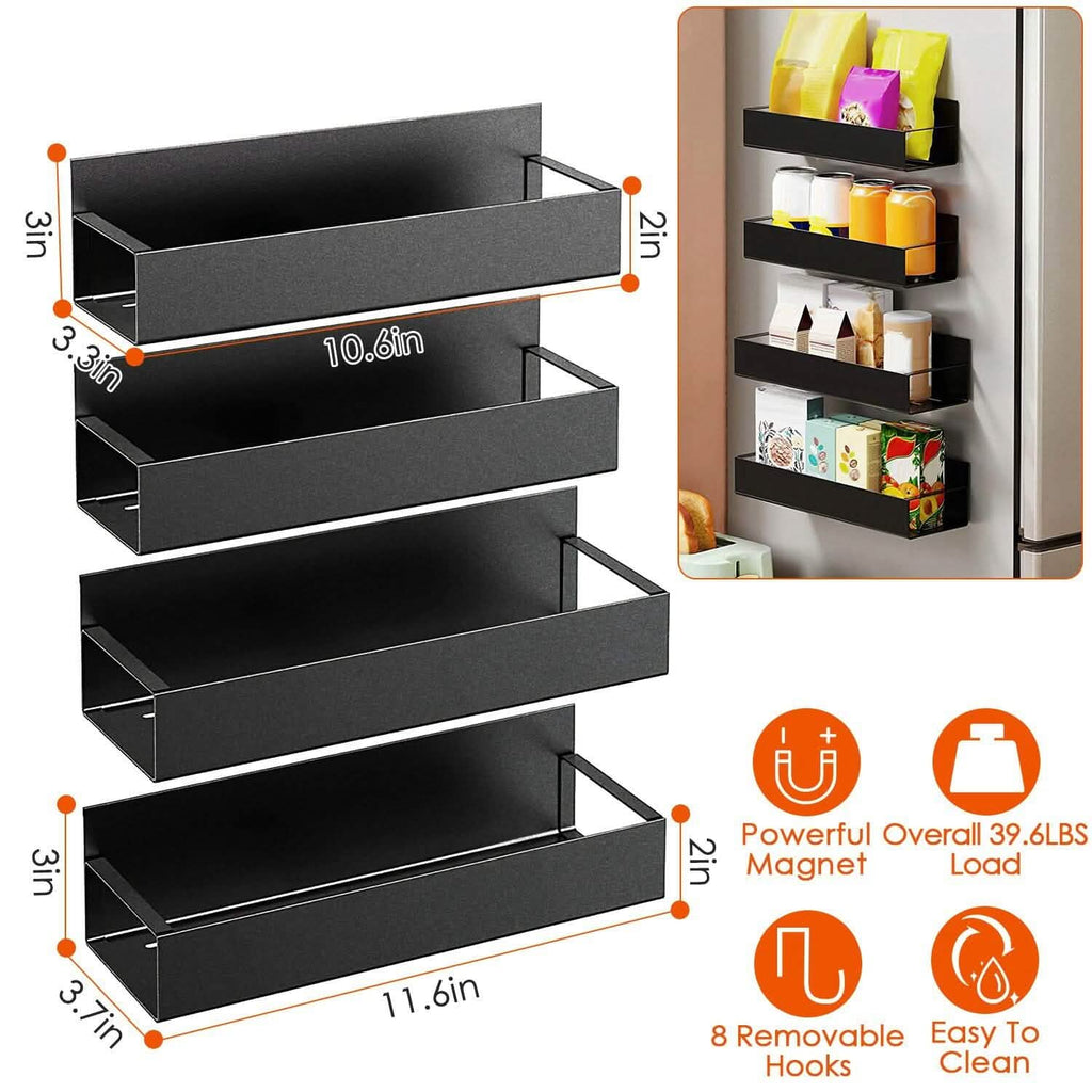 4-Pieces: Spice Rack Strong Magnetic Seasoning Storage Shelf with 8 Removable Hooks