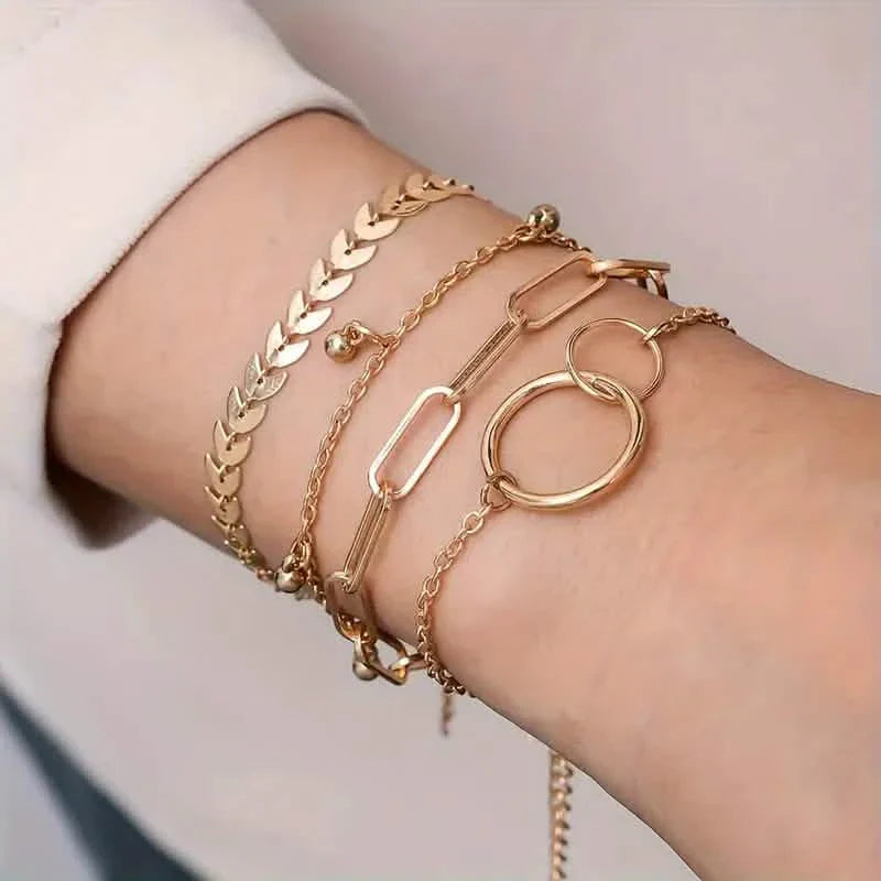 4-Pieces: Vintage Leaf Pendant Hand Chain Bracelet Set For Women