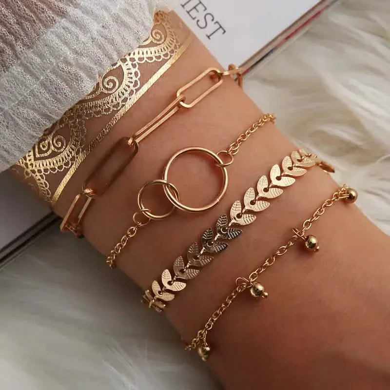 4-Pieces: Vintage Leaf Pendant Hand Chain Bracelet Set For Women