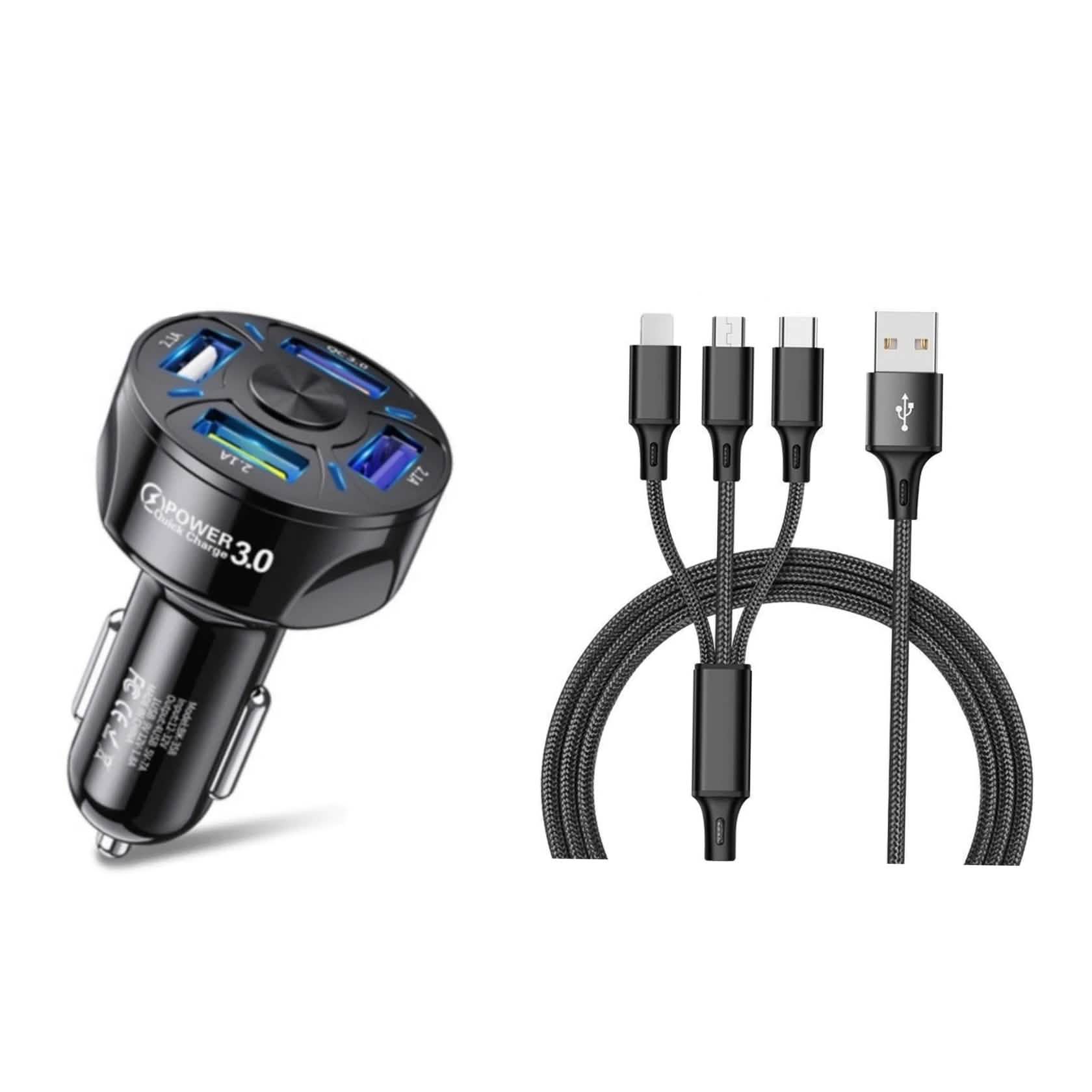 Chargeur de voiture LED 4 ports + Câble 3-en-1 Combo