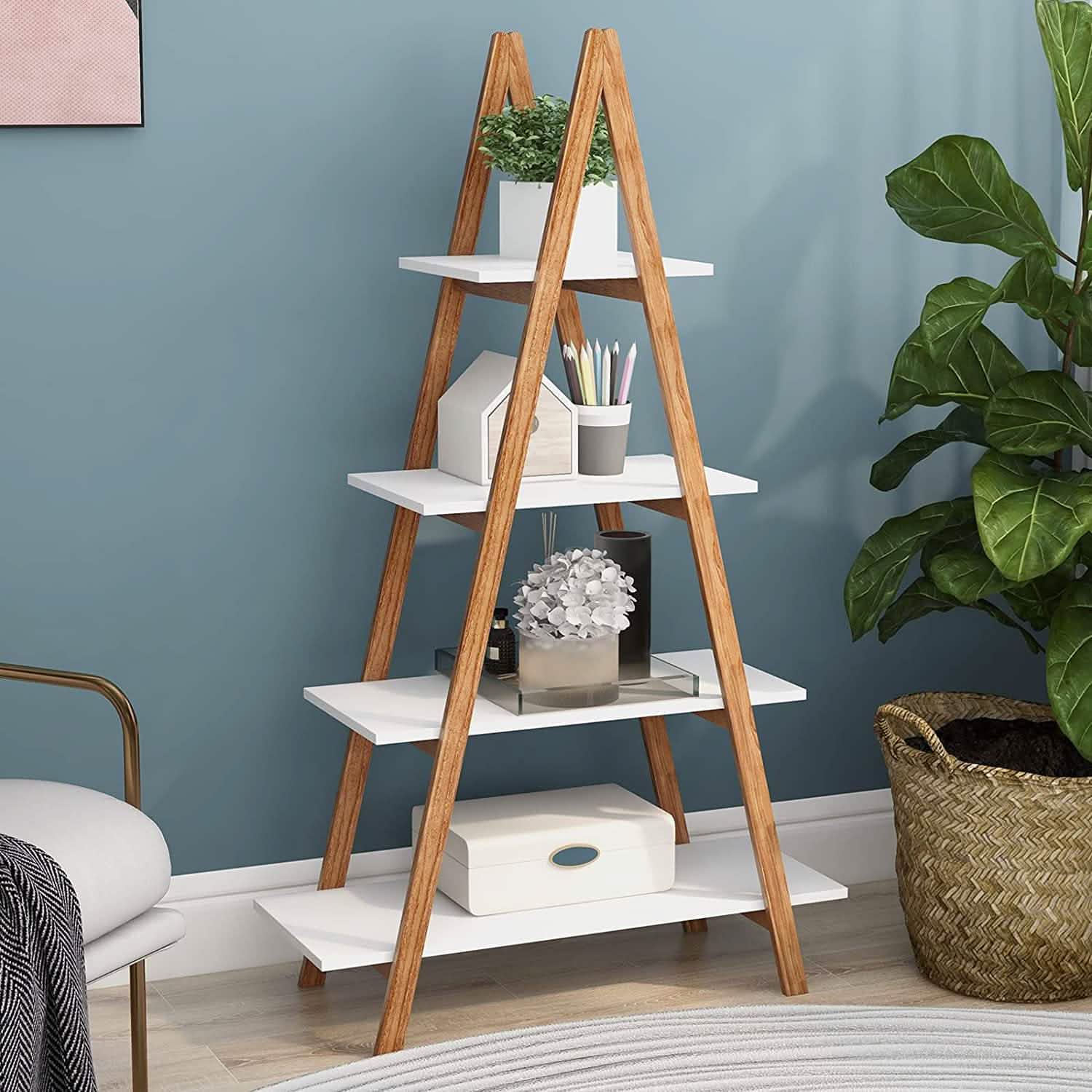 Étagère à 4 niveaux en bois en forme d'échelle, étagère à livres en bois en forme de A