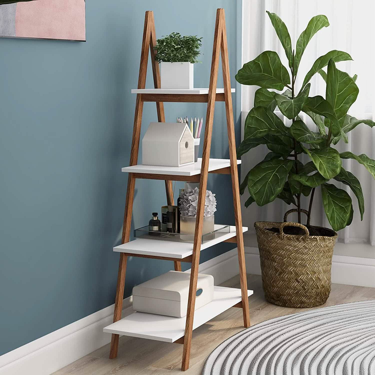 Étagère à 4 niveaux en bois en forme d'échelle, étagère à livres en bois en forme de A