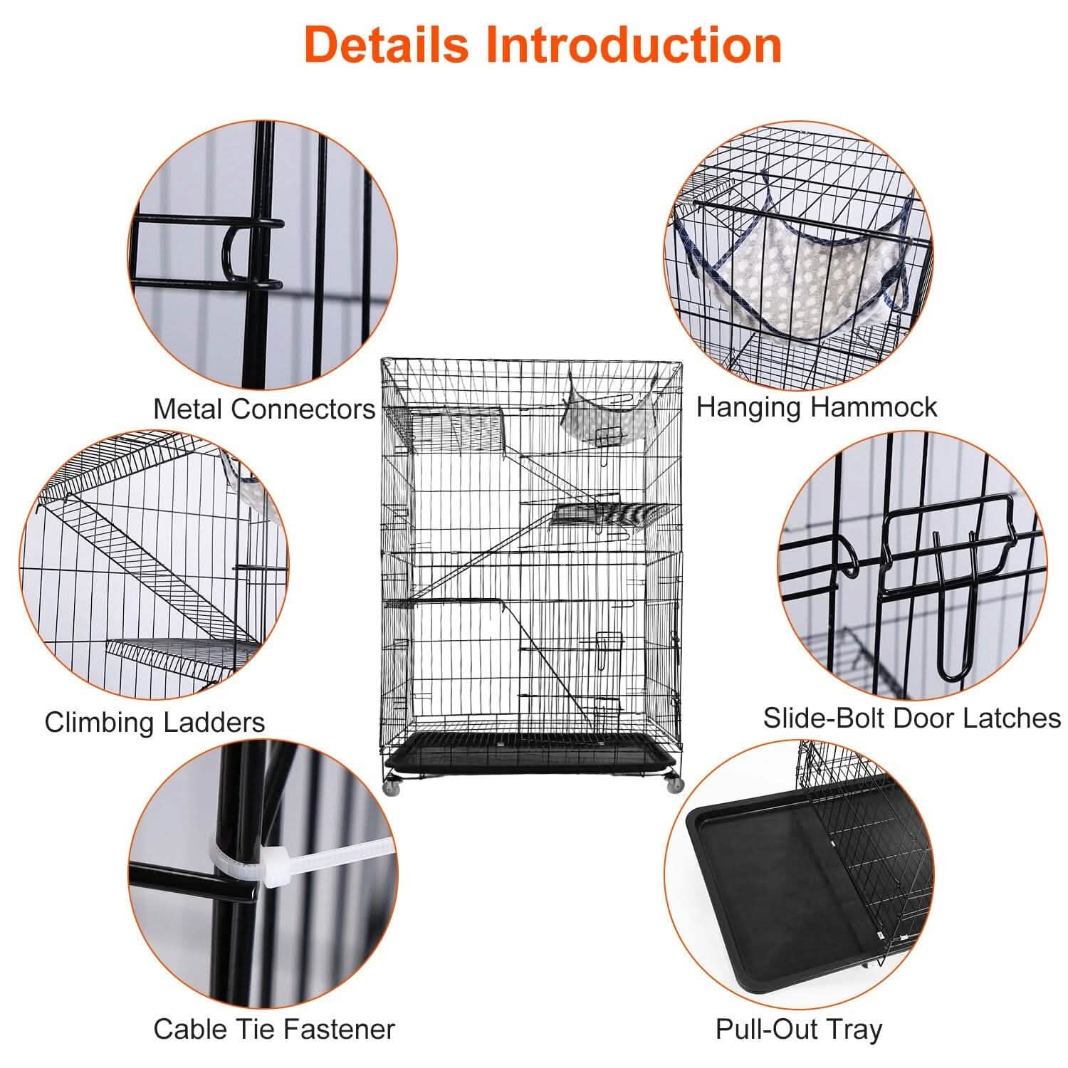 4-Tier Cat Cage with 360° Lockable Wheels, 3 Doors, 3 Ladders and 1 Hammock