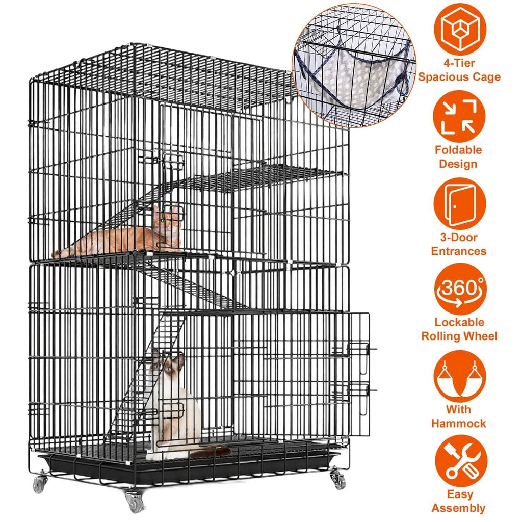 4-Tier Cat Cage with 360° Lockable Wheels, 3 Doors, 3 Ladders and 1 Hammock