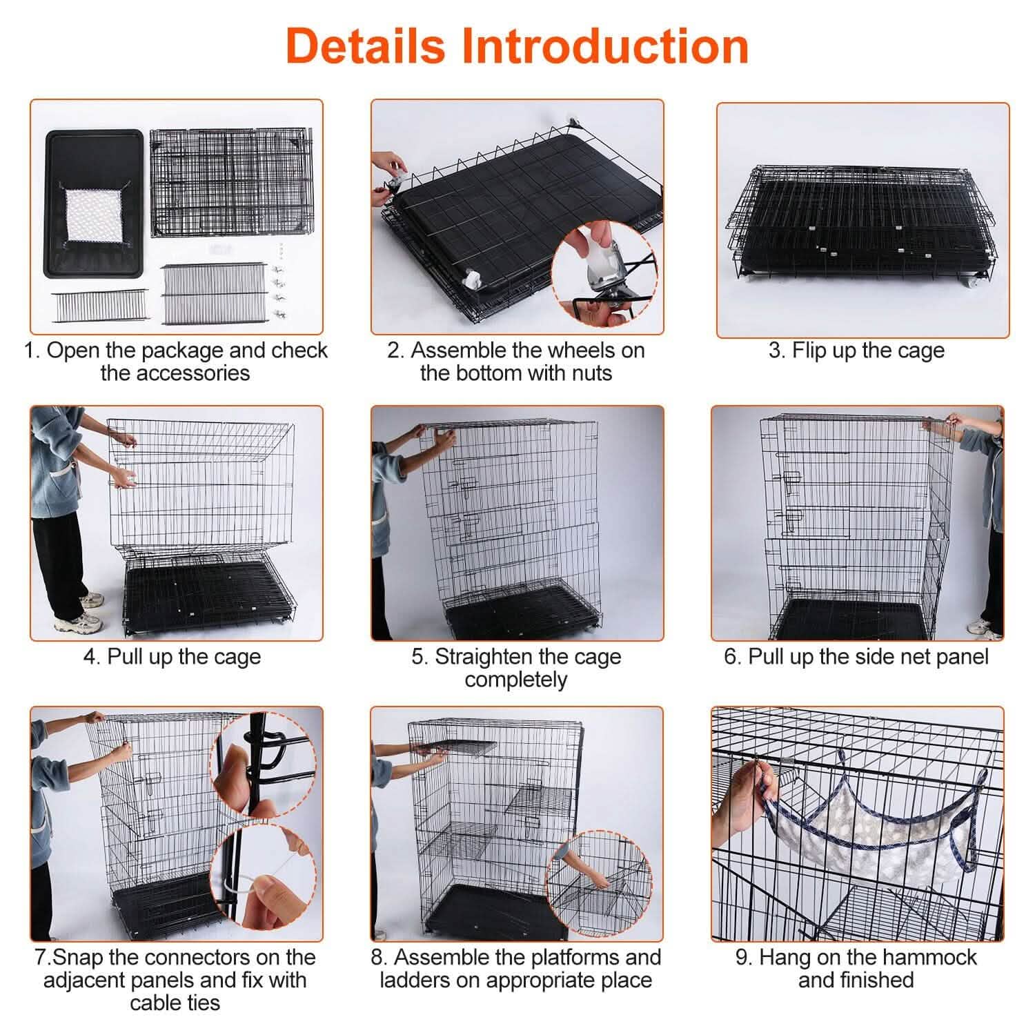 4-Tier Cat Cage with 360° Lockable Wheels, 3 Doors, 3 Ladders and 1 Hammock