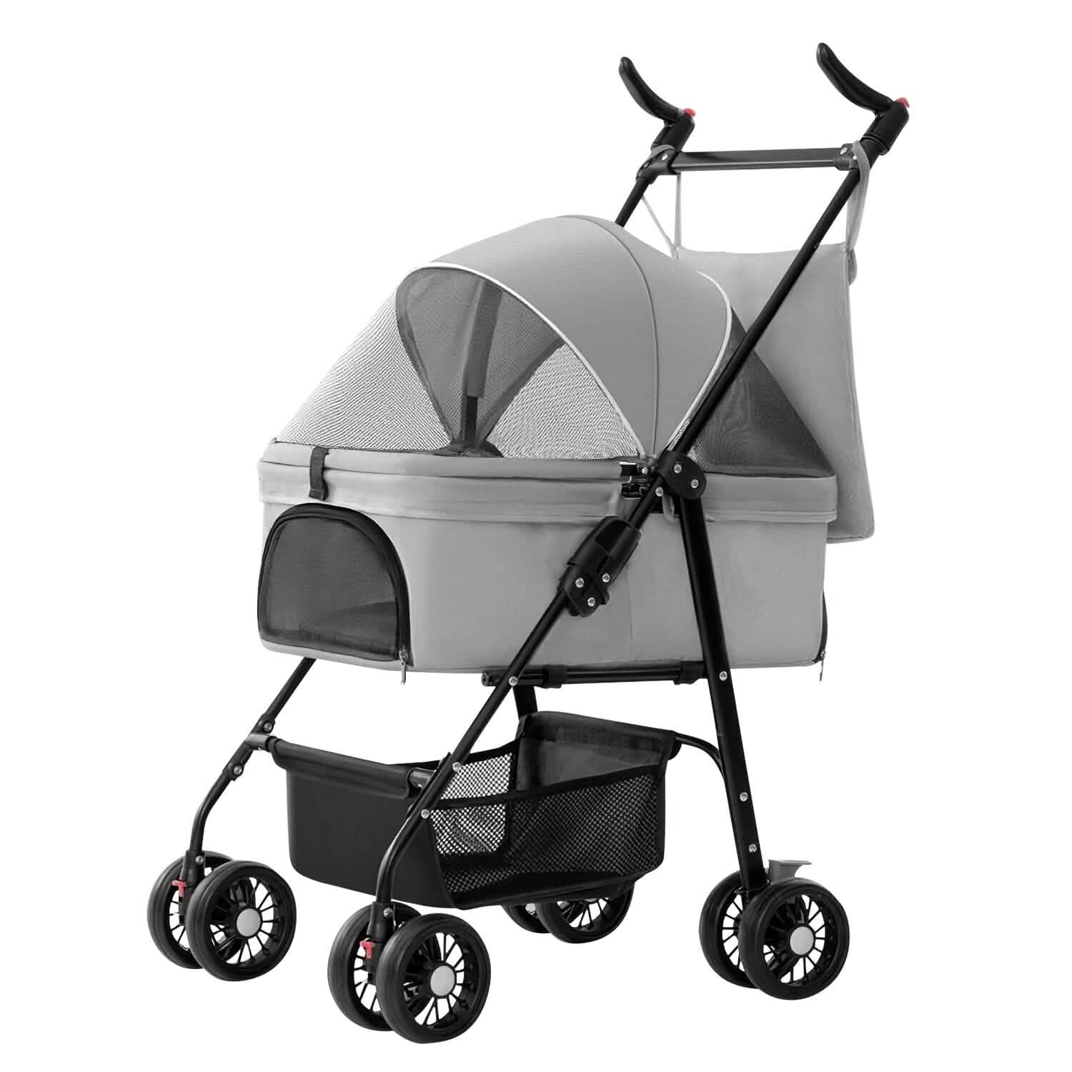 4 Wheels Pet Stroller Foldable with Removable Liner Storage Basket