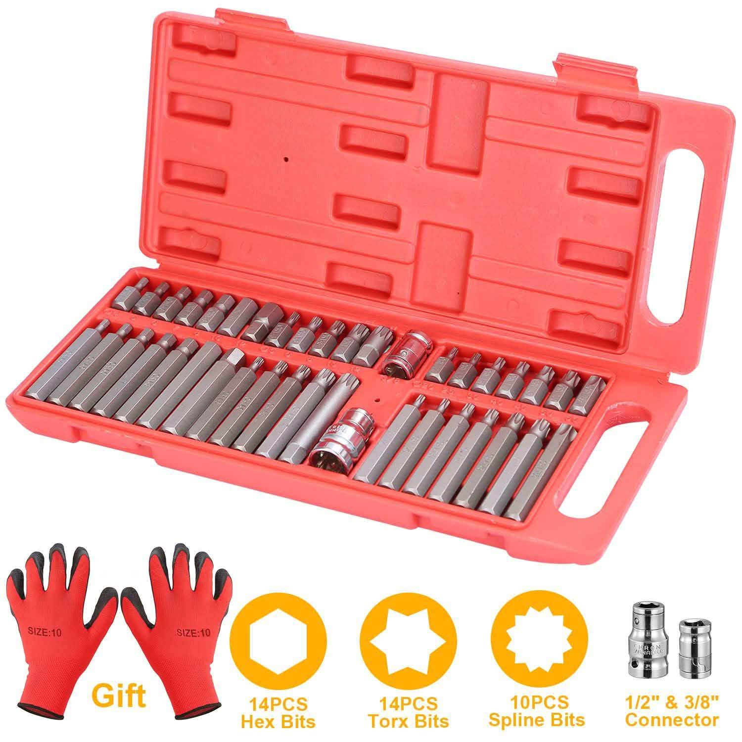 40 pièces : Jeu de douilles six pans, Torx et cannelées