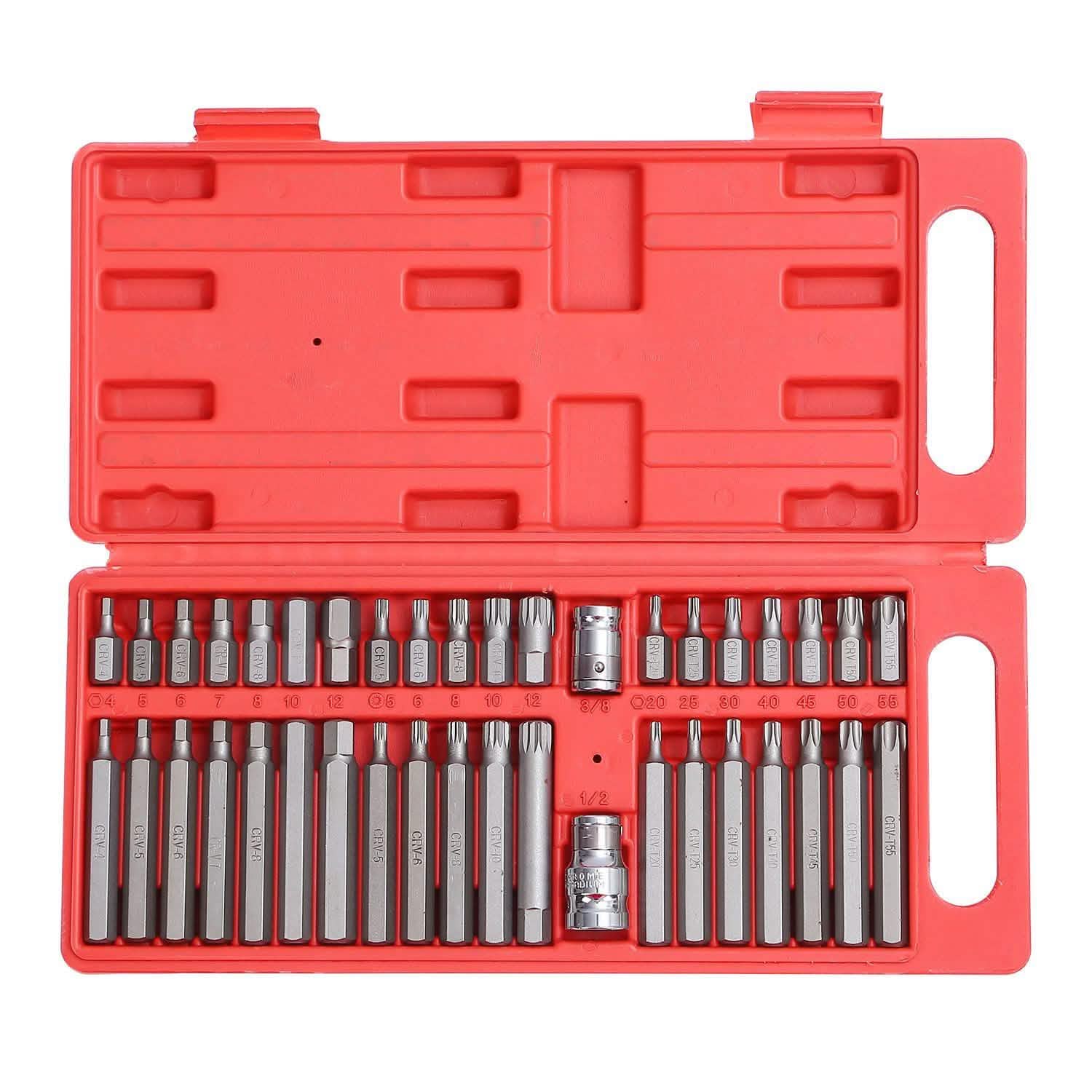 40 pièces : Jeu de douilles six pans, Torx et cannelées
