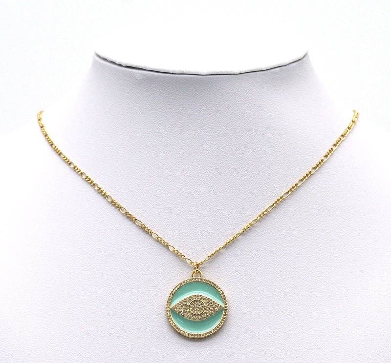 Gold CZ Light Green Enamel Evil Eye Round Coin Charm, Sku#LK718