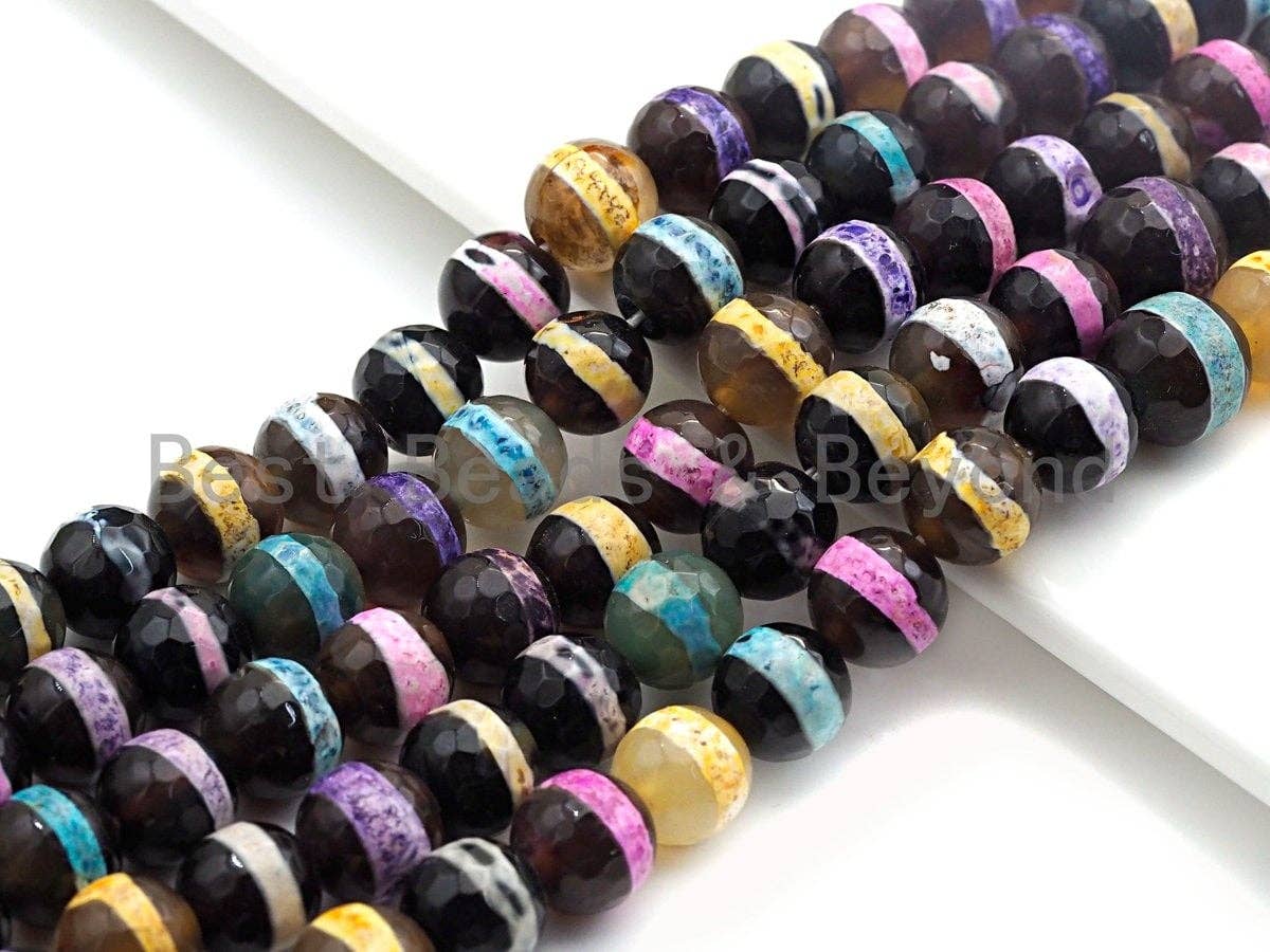 Dzi Agate faceted round beads with Rainbow line, 8mm/10mm/12mm/14mm, mixed color Tibetan beads, agate beads wholesale -15inch, sku#U628