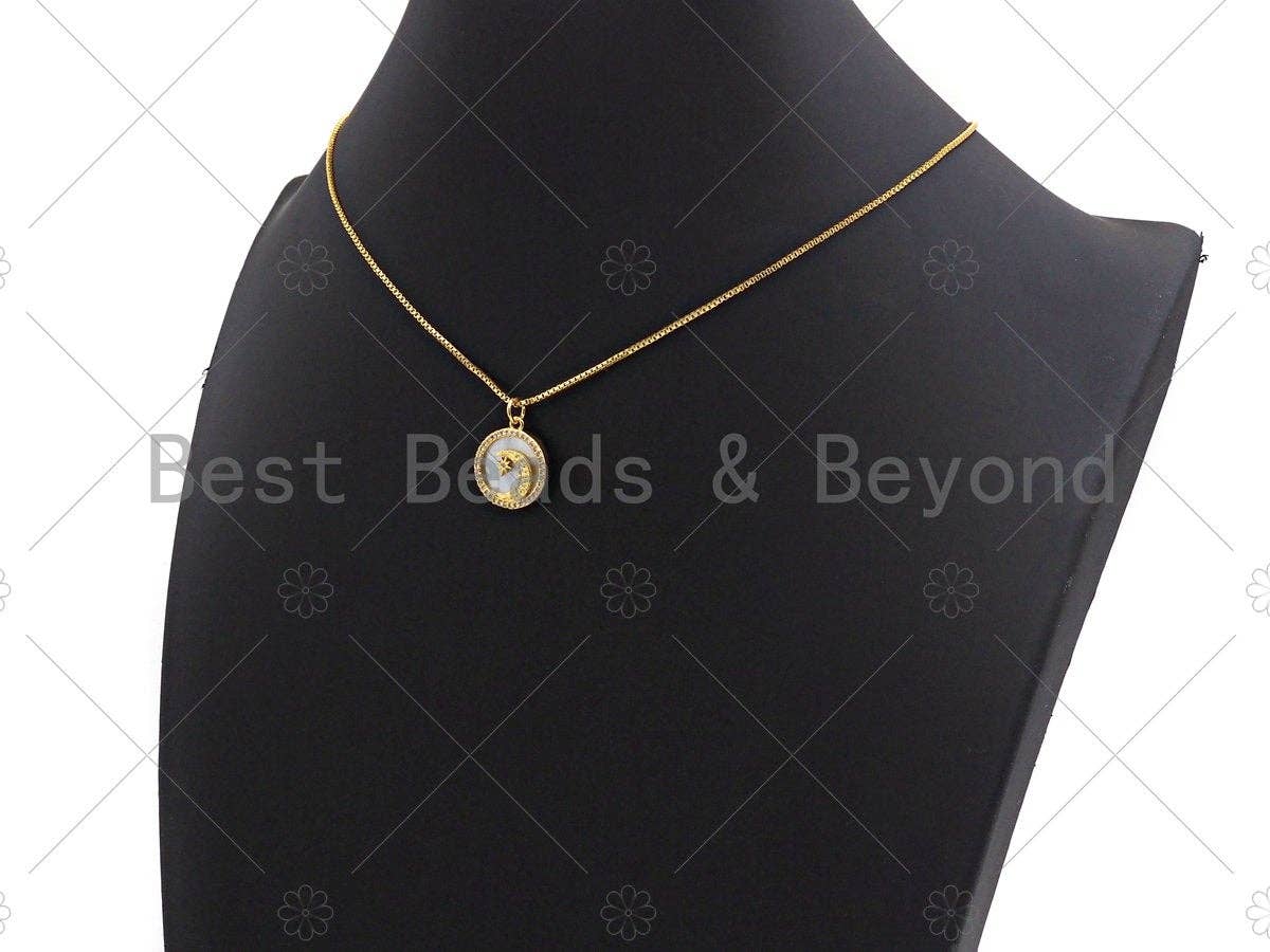 18K Gold CZ Micro Pave Moon Star Inlay Mother-of-pearl Pendant Charm, Cubic Zirconia Moon Star Charm, 16mm, sku#Z1134