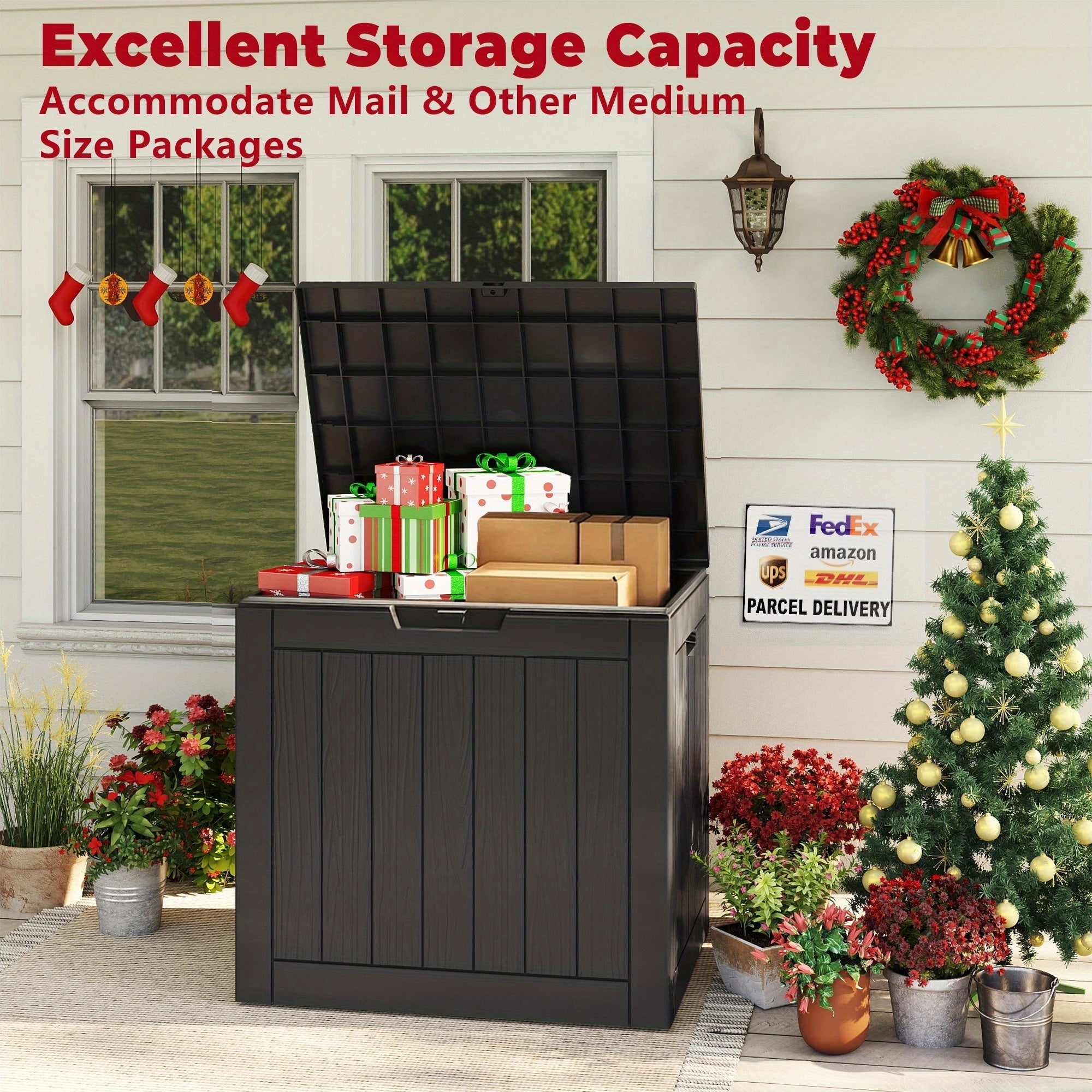 Boîte de rangement extérieure en résine de 35 gallons – Noir/Grain de bois