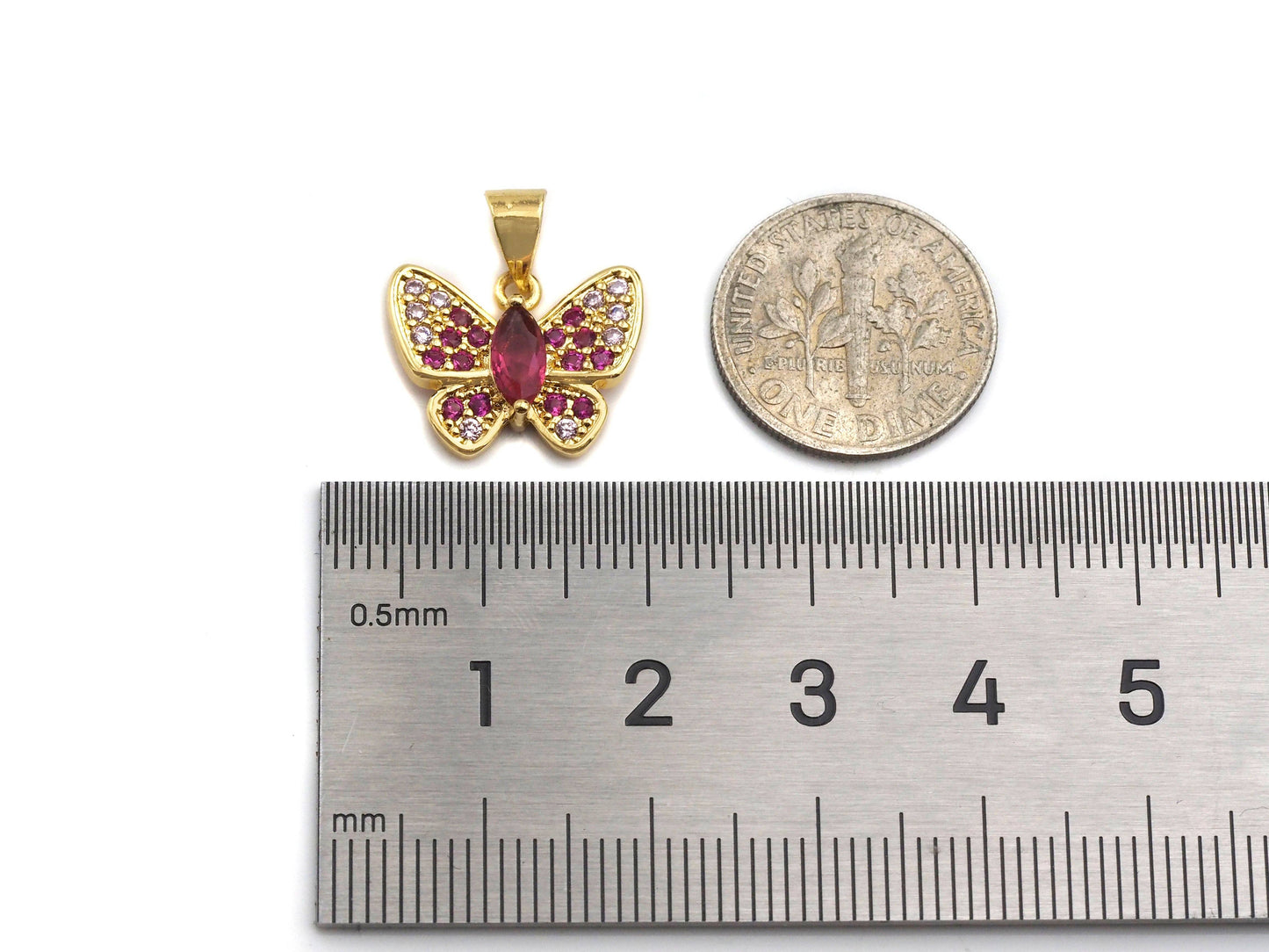 Gold Fuchsia CZ Butterfly Shape Charm, Sku#LK76