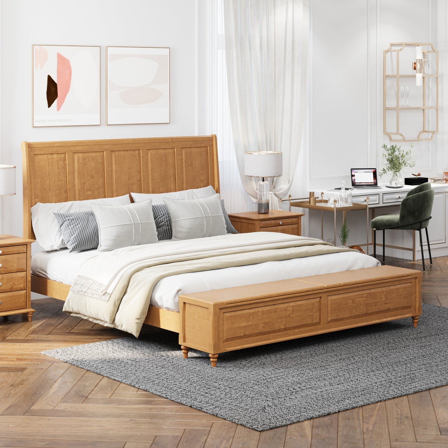 King Bed Frame with Tall Headboard and Storage Bench