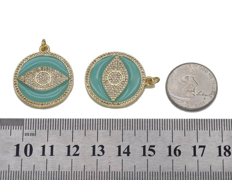 Gold CZ Light Green Enamel Evil Eye Round Coin Charm, Sku#LK718