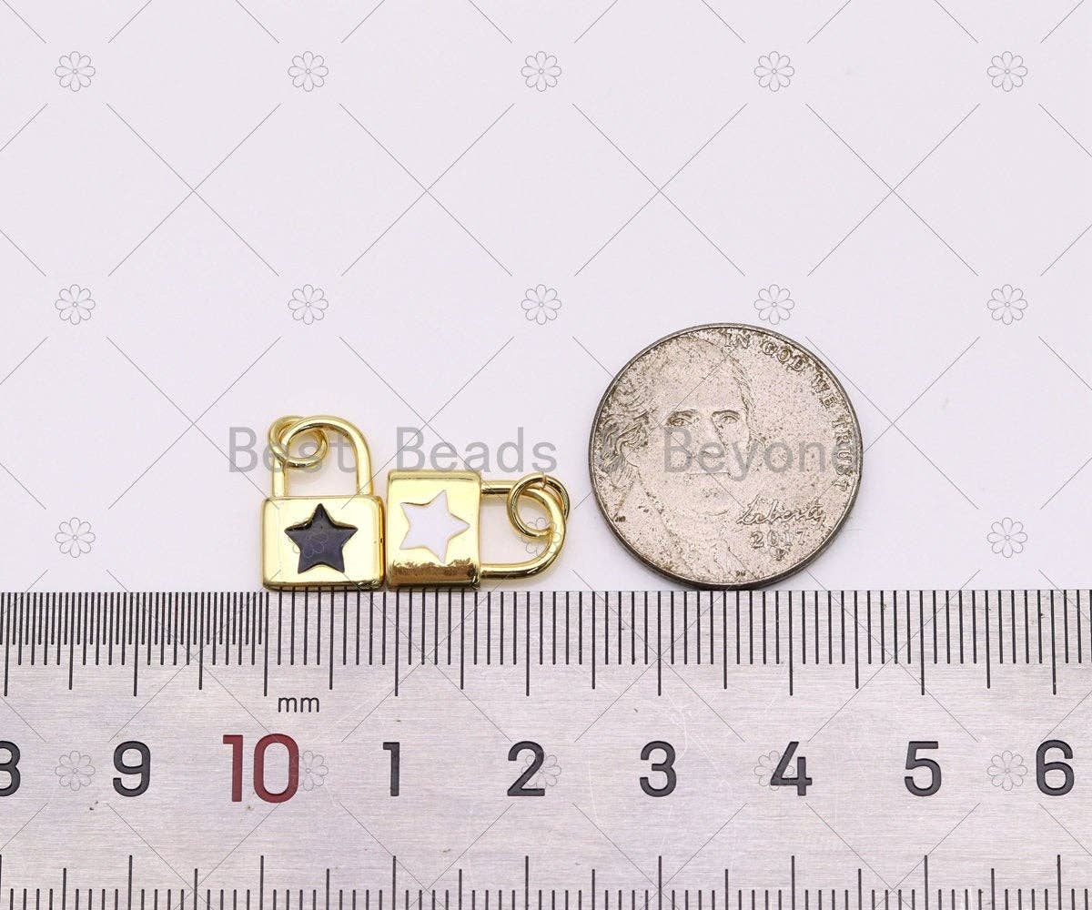 Enamel Cresent Moon/Five Point Star/Heart On Gold Lock Shape Pendant, 18K Gold Filled Lock Charm,Necklace Bracelet Charm,Sku#LK505