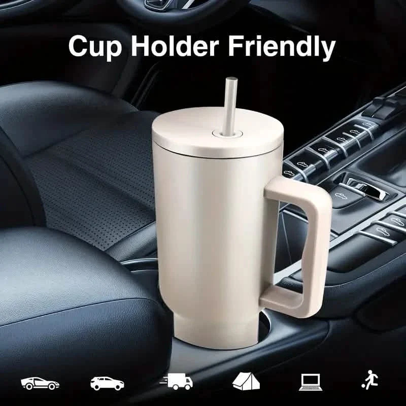 Gobelet isotherme de 1,2 L avec poignée, couvercle et paille en acier inoxydable réutilisable