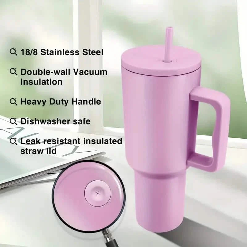 Gobelet isotherme de 1,2 L avec poignée, couvercle et paille en acier inoxydable réutilisable