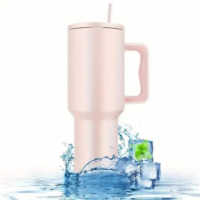 Gobelet isotherme de 1,2 L avec poignée, couvercle et paille en acier inoxydable réutilisable