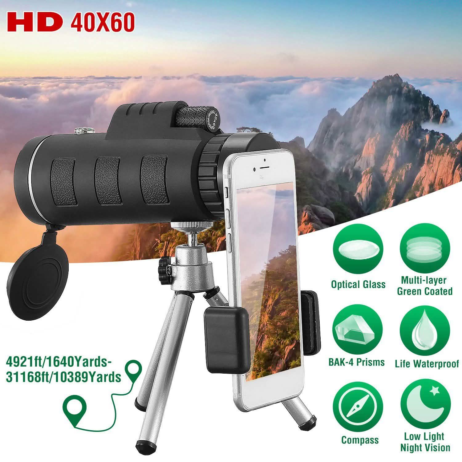 Télescope monoculaire optique HD 40x60 avec lentille FMC