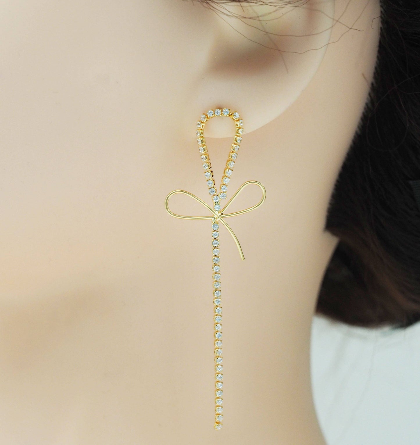 Gold CZ Bowknot Long Dangle Stud Earrings, Sku#ZX108/lx375