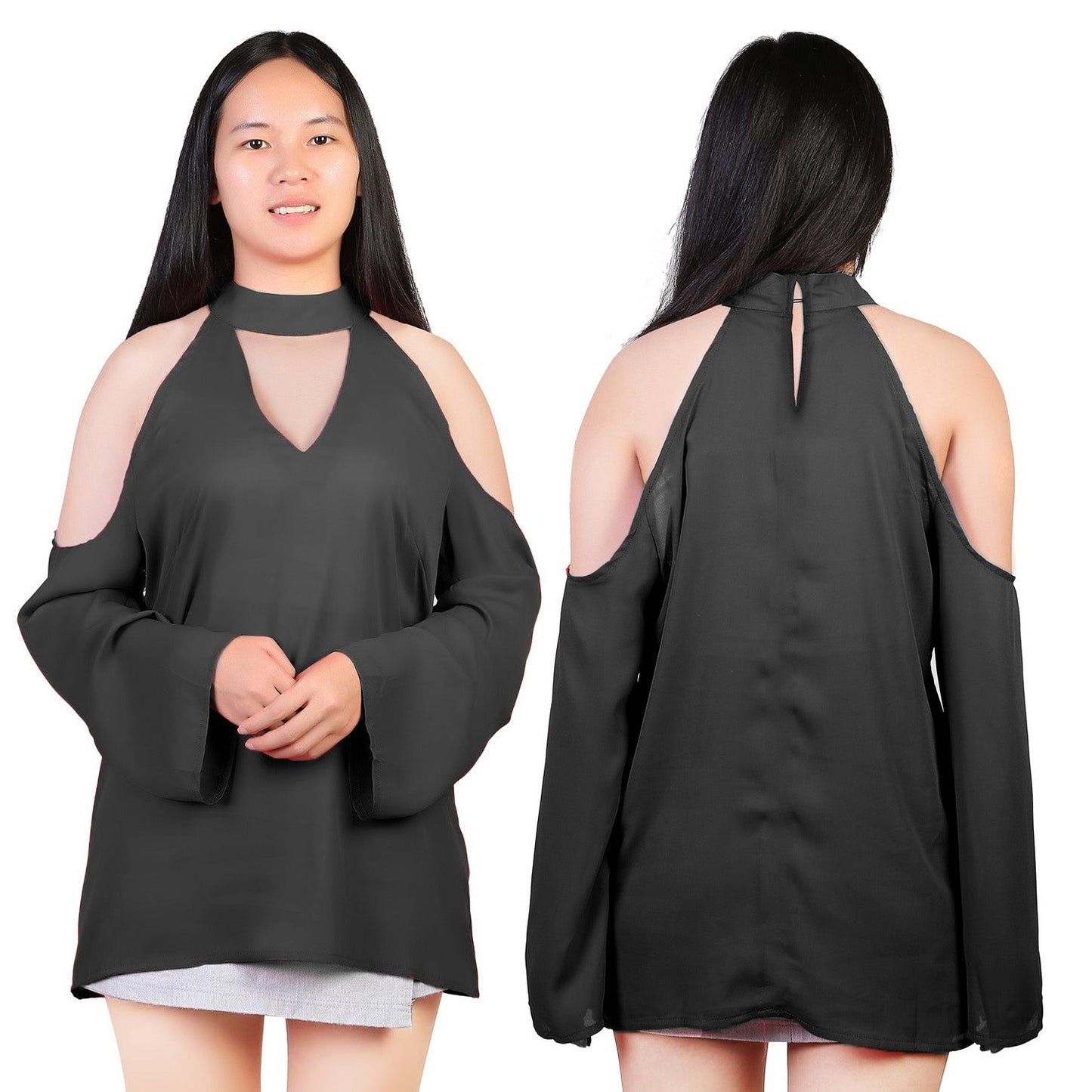 Off-the-Shoulder Blouse with V-Neck and Long Sleeves