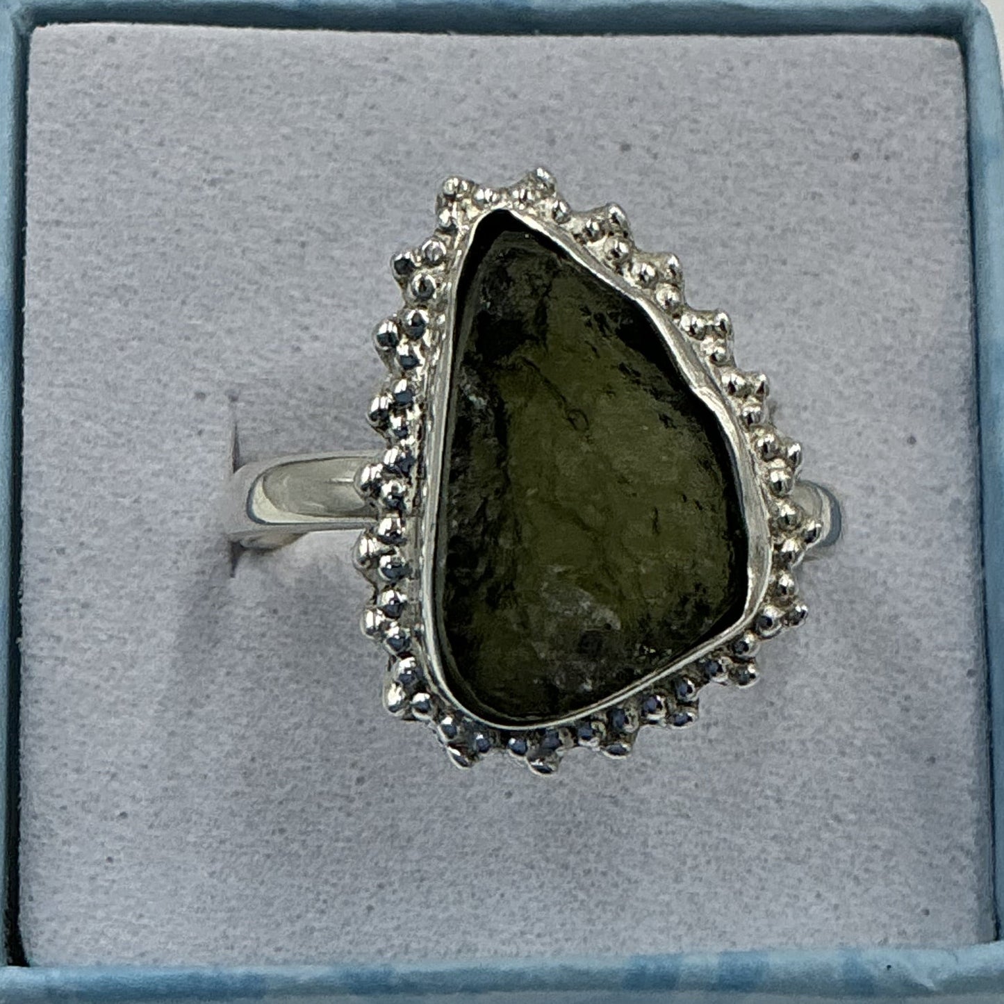 Sterling Silver Sunburst Natural Moldavite Ring - Size 10 - Transformation & Awakening
