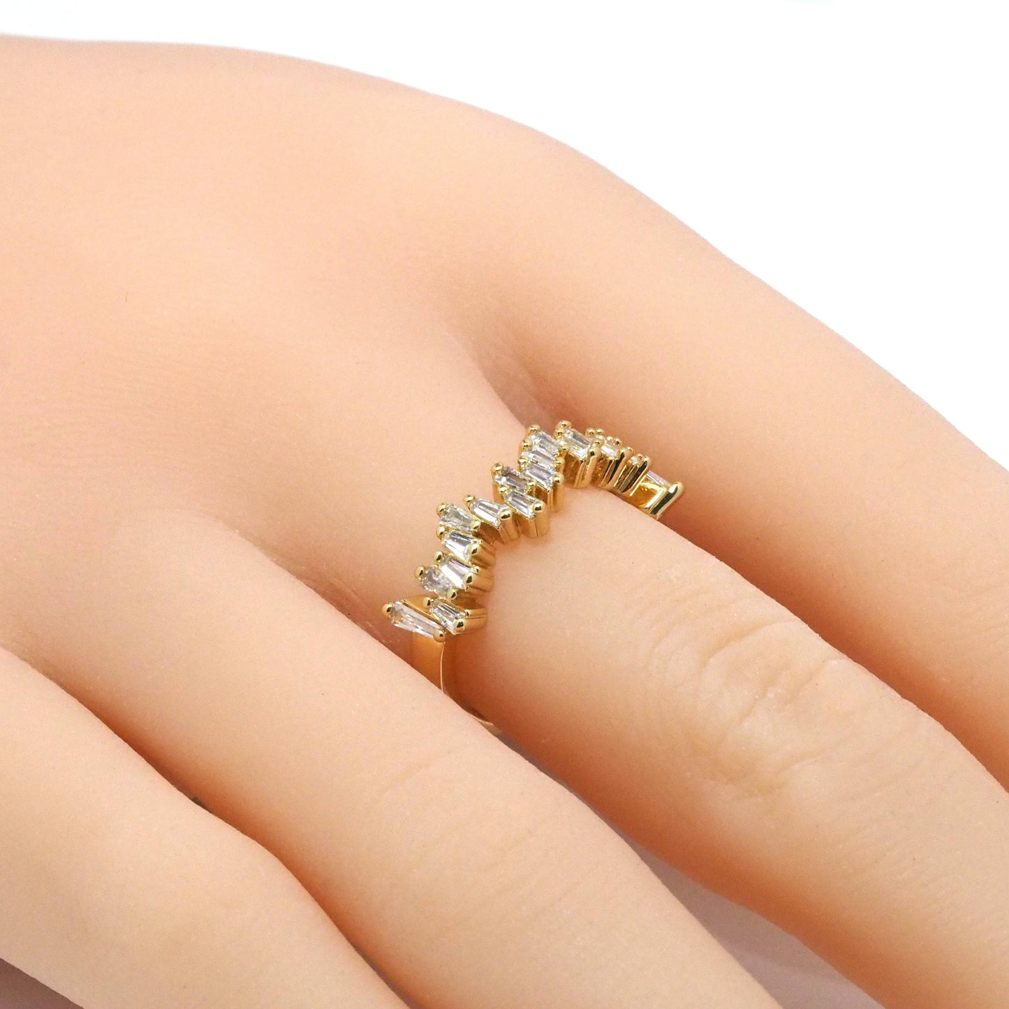 Gold Clear CZ Waveline Zigzag Baguette cz Adjustable Ring, Sku#LK794