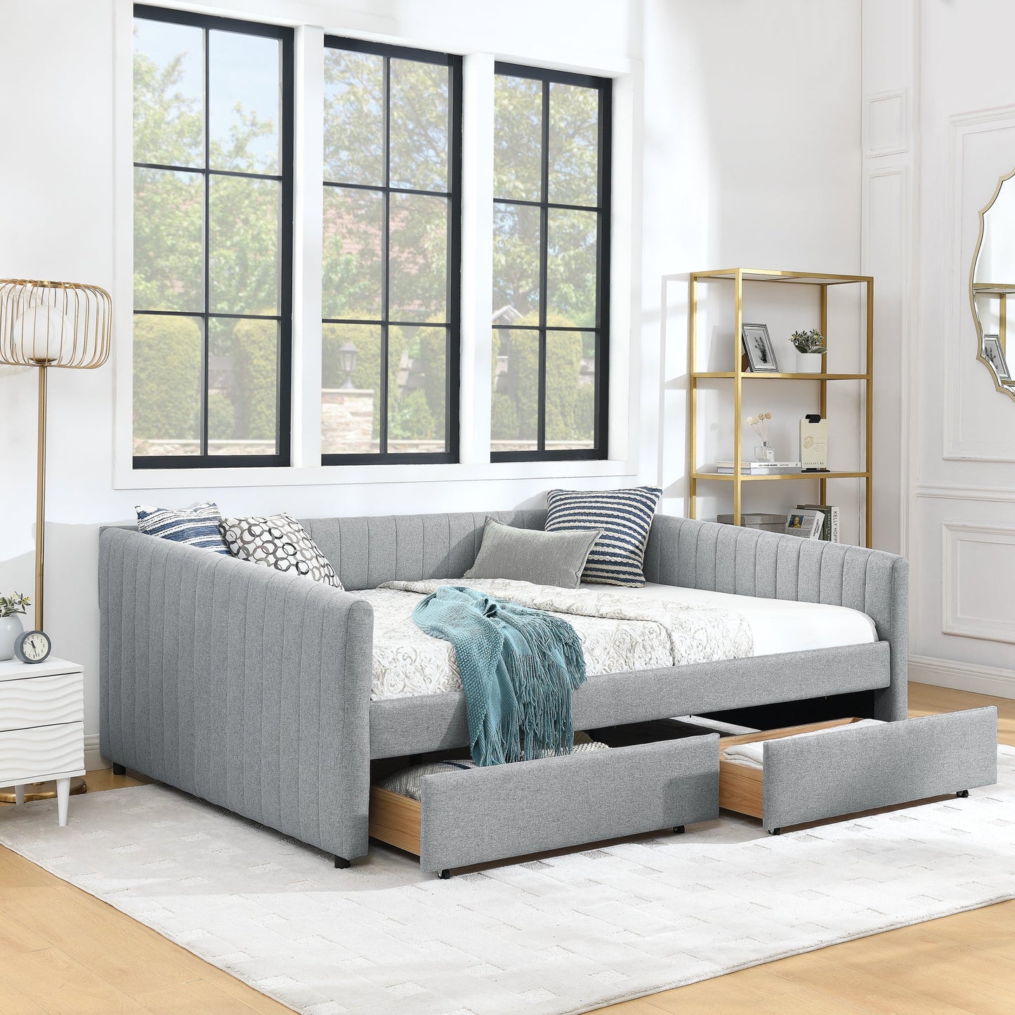 Queen Size Daybed with Two Drawers Trundle Upholstered Sofa Bed