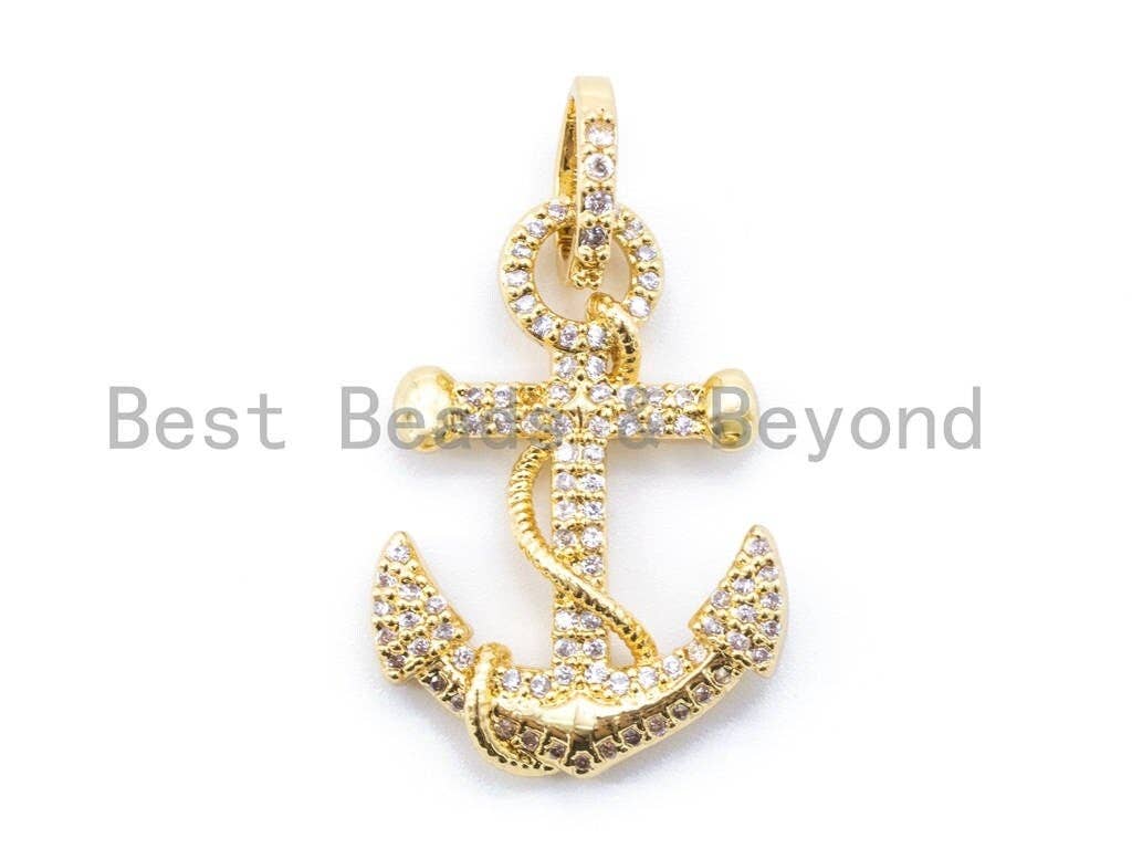 CZ Clear Micro Pave 37x21mm Anchor Pendant, Cubic Zirconia Pave Pendant/Charm in Gold/Gunmetal/Silver Finish, Men's Jewelry Finding, sku#F99