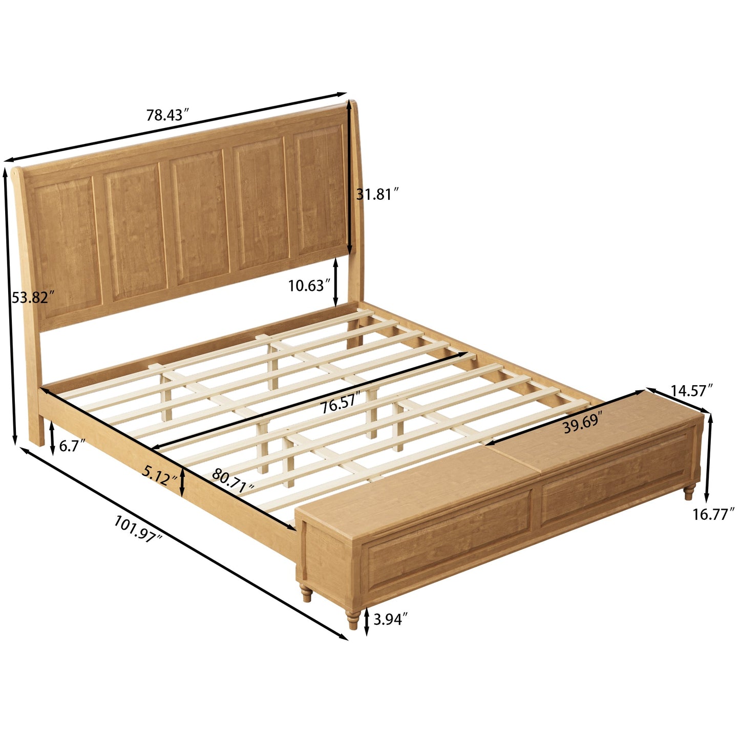 King Bed Frame with Tall Headboard and Storage Bench