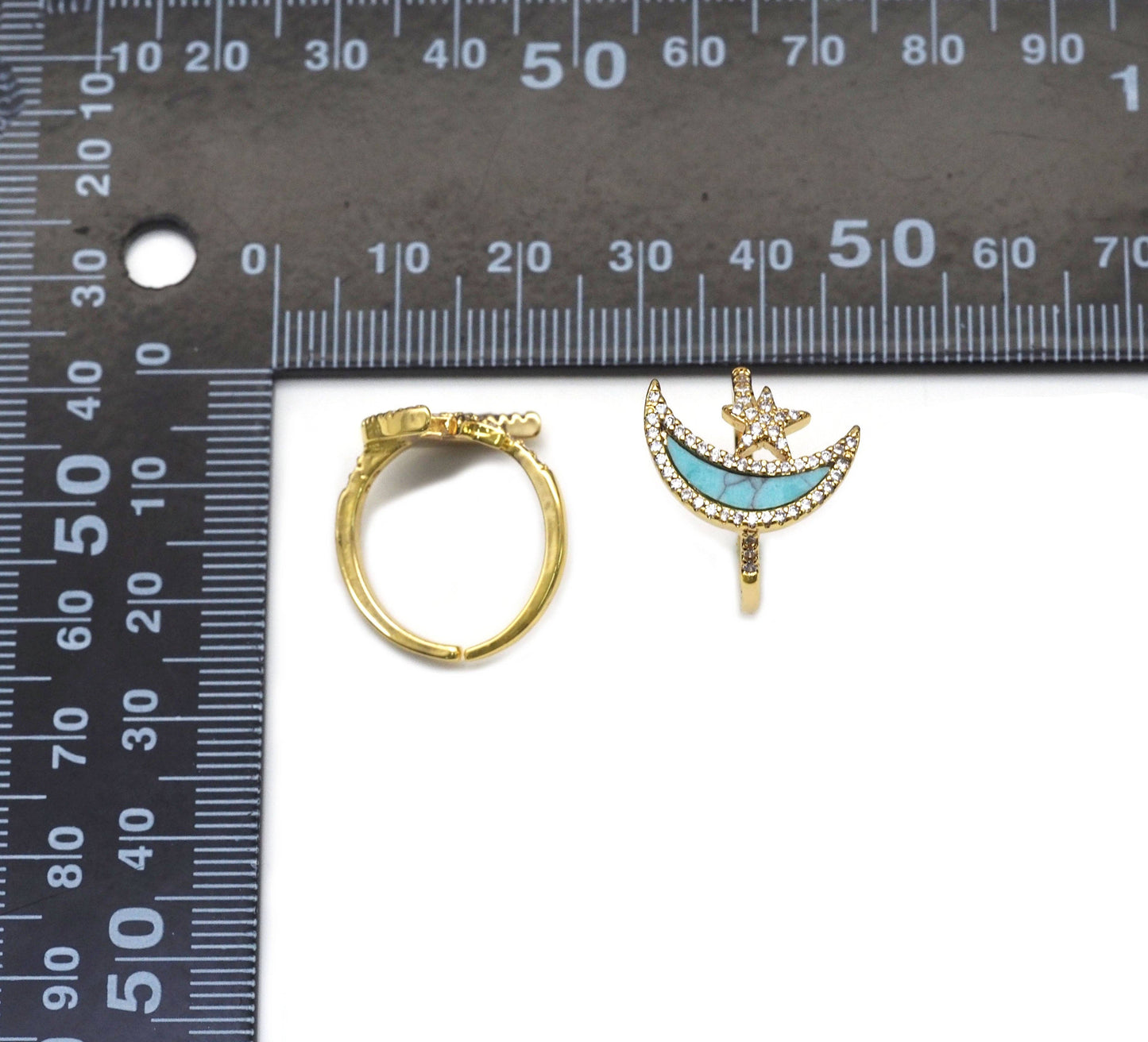 Gold CZ Cresent Moon Star Turquoise Adjustable Ring, Sku#O112