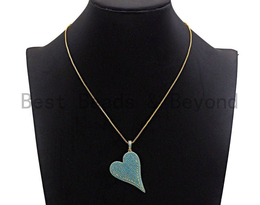 CZ Turquoise Micro Pave Large Heart Pendant, Heart Shaped Pave Pendant, Gold/Rose Gold/Silver/Gunmetal plated, 30x41mm, Sku#X55