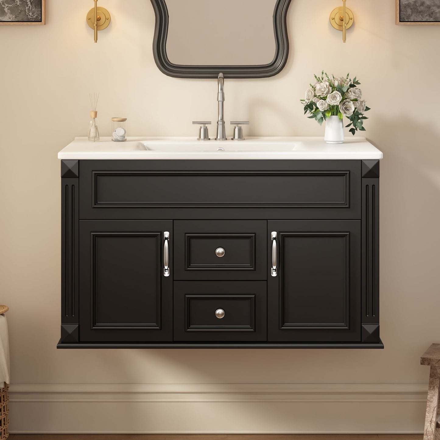 36 Inch Wall Mounted Bathroom Cabinet with Ceramic Sink