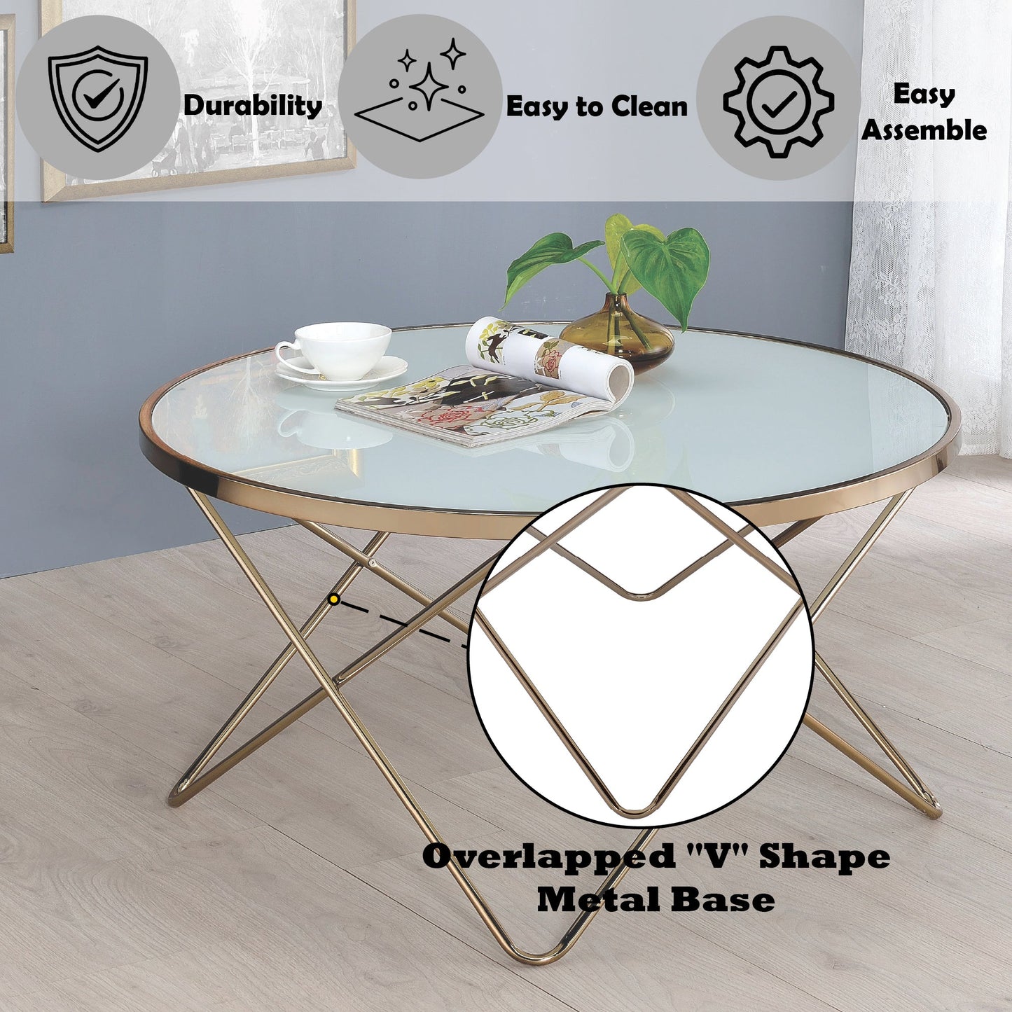 Valora Frosted Glass Top & Champagne Finish Coffee Table