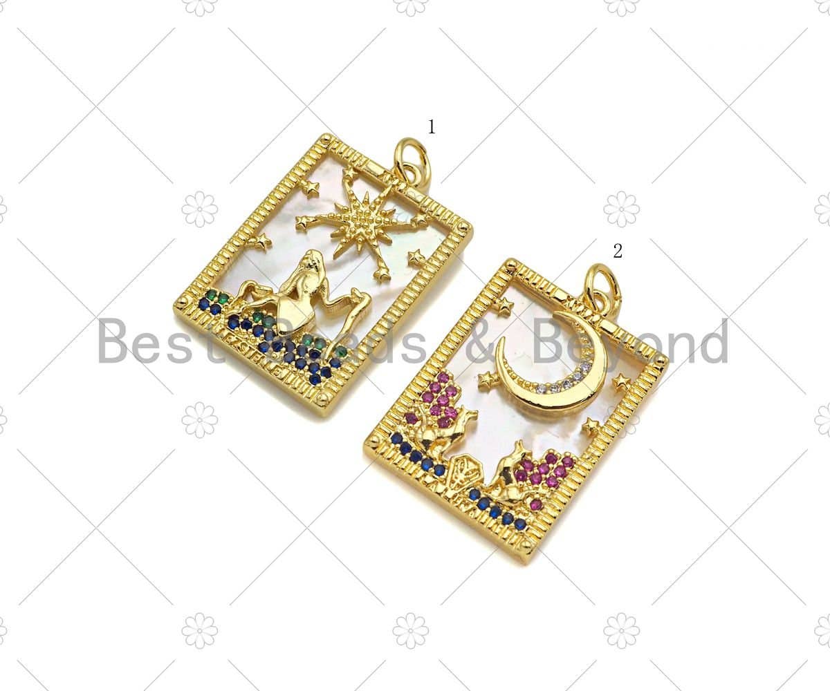 Gold Filled CZ Micro Pave North Star Cresent Moon on Mother of Pearl Rectangle Pendant,18K Gold Filled MOP Charm,17x24mm,Sku#Z1338