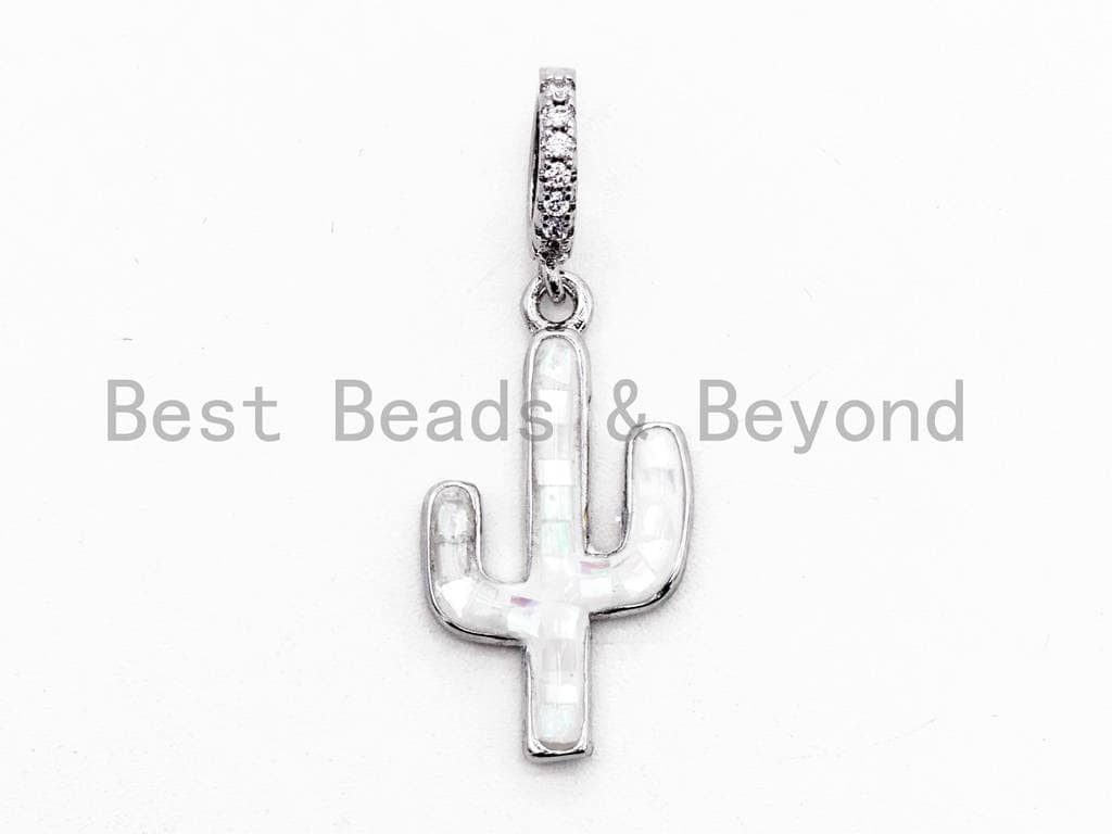 CZ Micro Pave CACTUS Charm with Mother of Pearl Shell, Cubic Zirconia Pave Findings, 12x22mm, 1pc, SKU#F466