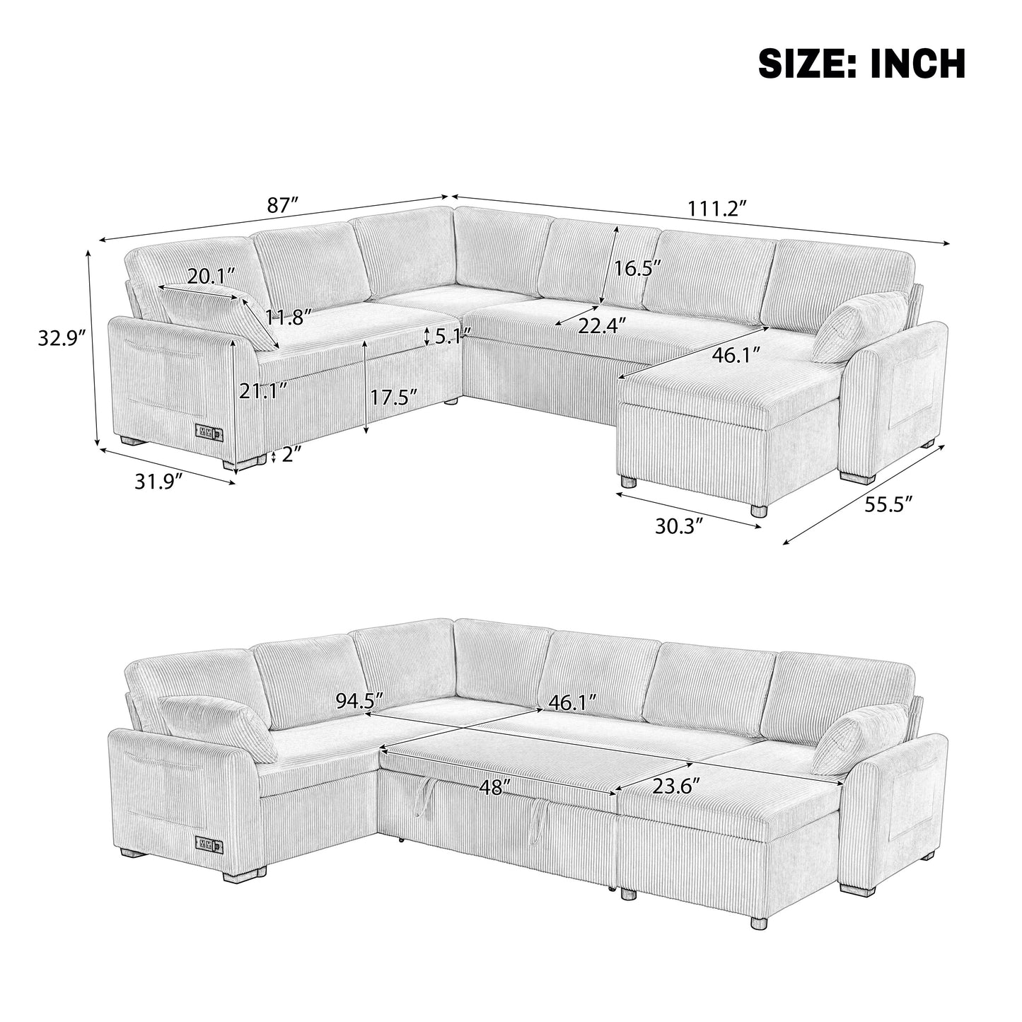 Convertible Sofa Bed - 111" Sectional Sofa with Reversible Chaise