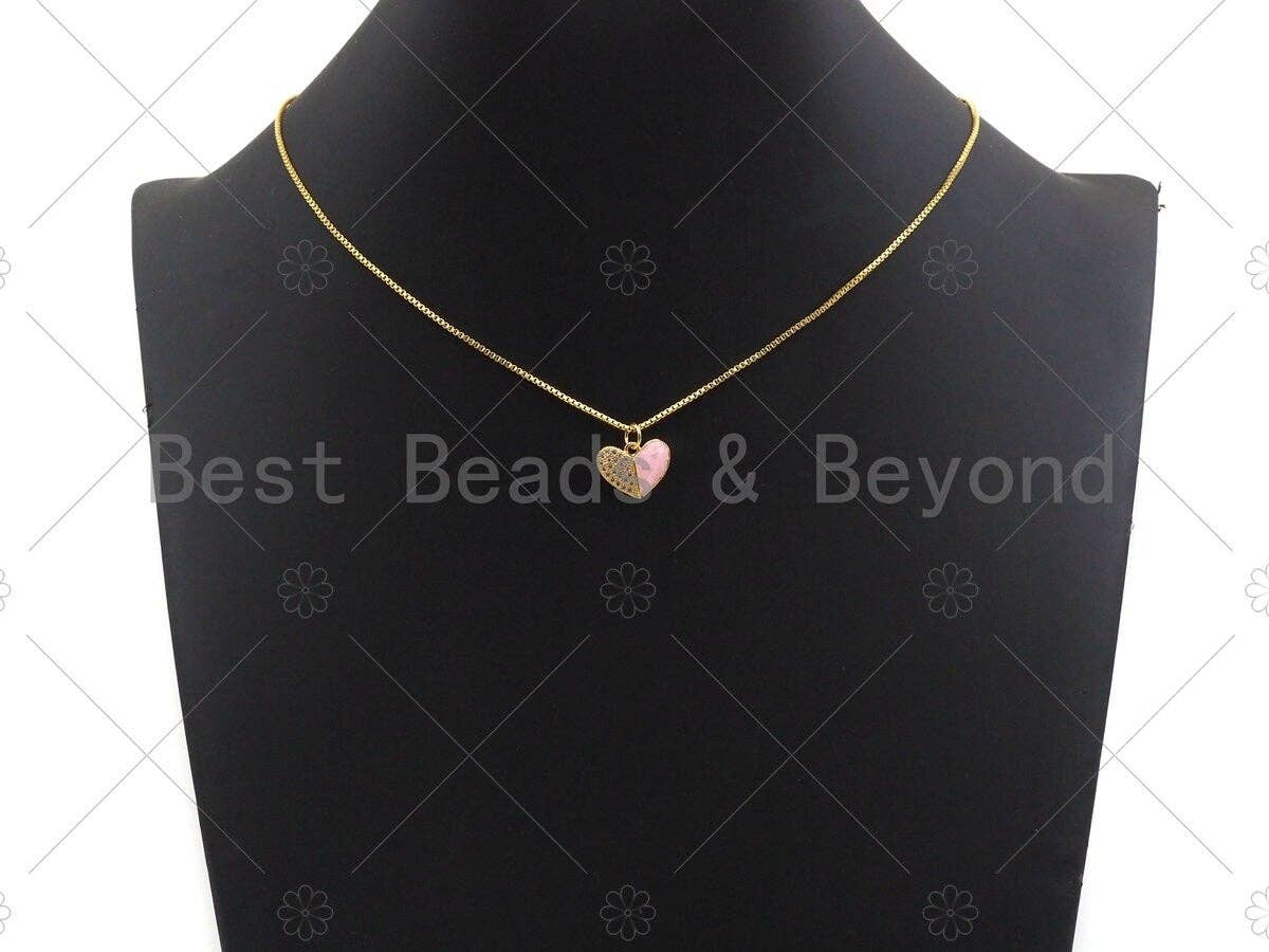 Heart Pink Pendant/Charm, Pink Mother-of-pearl Heart Pendant, Cubic Zirconia Pendant, Gold Tone,14x11 mm, Sku#LK72