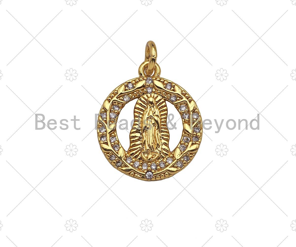 Gold Filled CZ Micro Pave Virgin Mary On Garland Shape Pendant, 18K Gold Virgin Mary Charm, Necklace Bracelet Pendant, 15x18mm, Sku#Y438