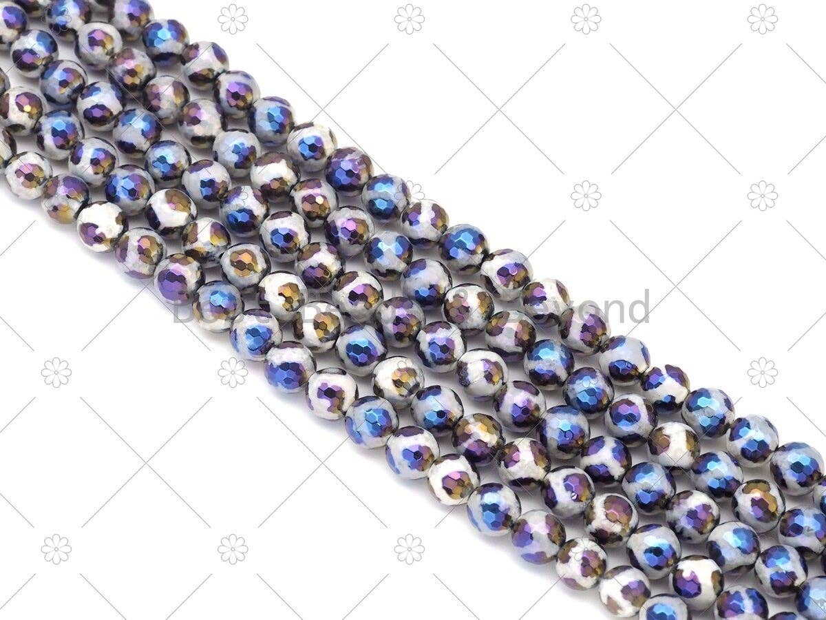 Mystic AB Black White Tibetan Football Agate Round Faceted Beads, 8mm/10mm/12mm Agate Beads, 15.5'' Full Strand, Sku#UA232