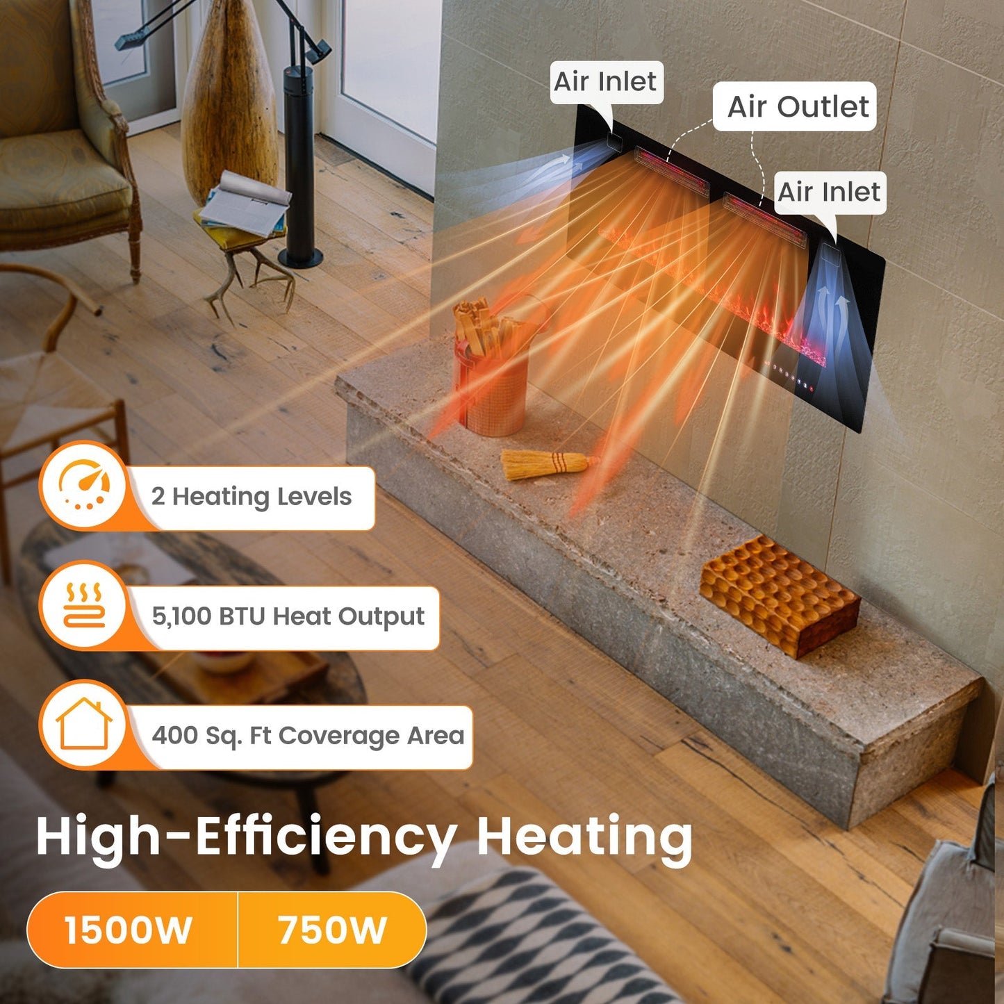 42/50/60/72 Inch Ultra-Thin Electric Fireplace with Decorative Crystals-50 inches