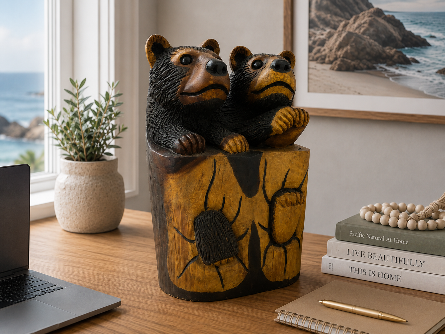 Hand Carved Suar Wood Bear Cub Sculpture | Balinese Wood Carving