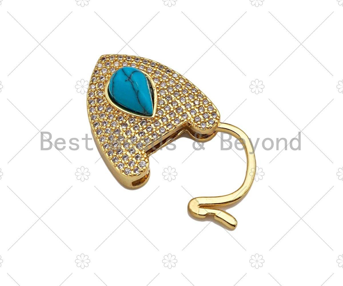 CZ Micro Pave Turquoise Padlock Clasp Charms, Heart CZ Padlock Clasp, Heart Chain Connector, Padlock Necklace Charms, 25x18mm, Sku#K160