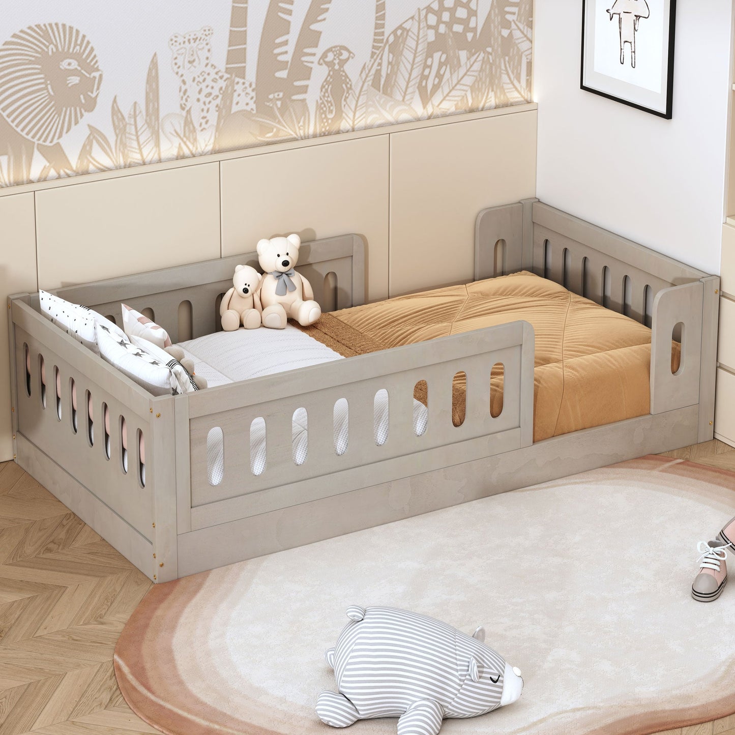Wood Twin Size Platform Bed with Guardrail