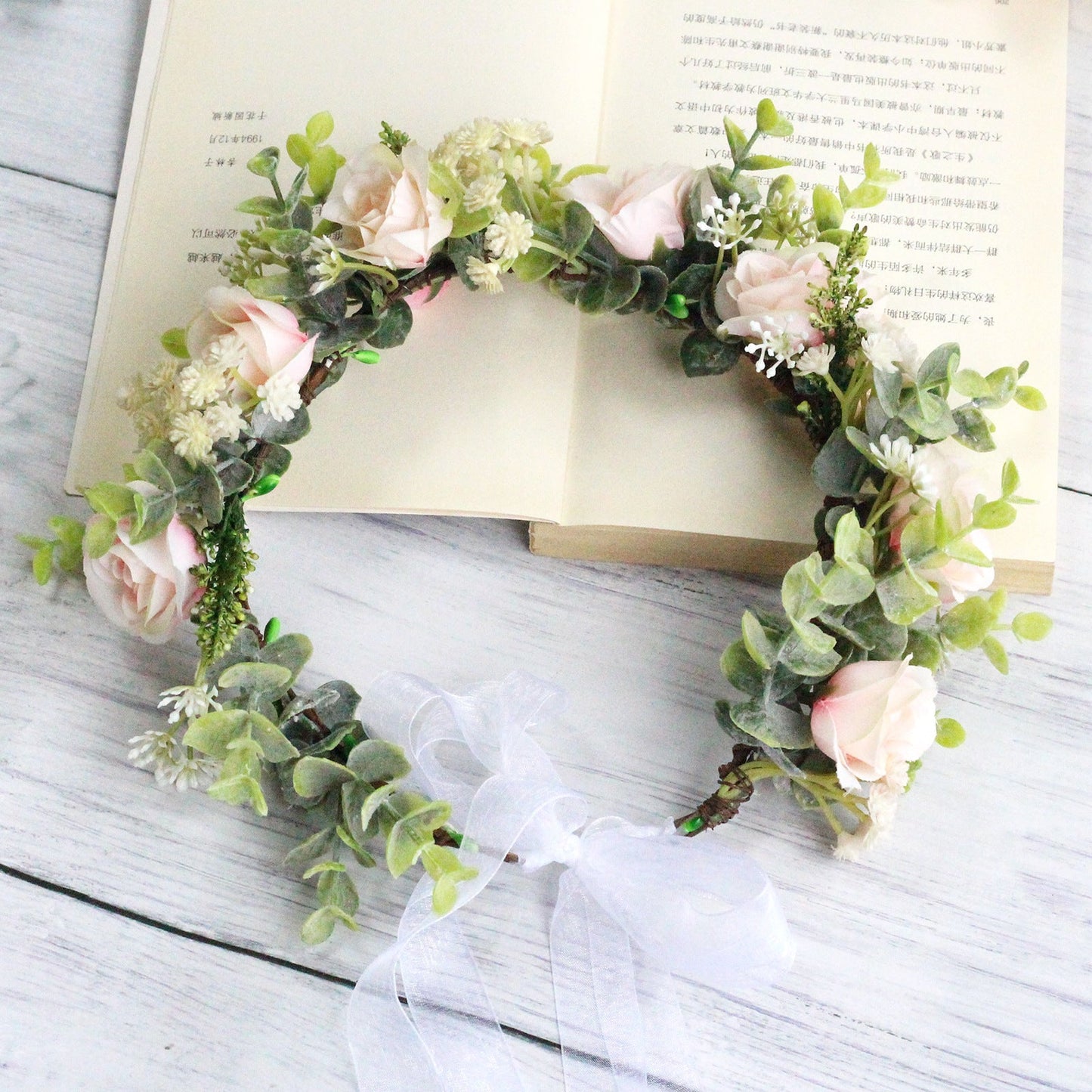 Forest style curled edge rose headband simulated starry sky flower wreath bride's wedding headpiece