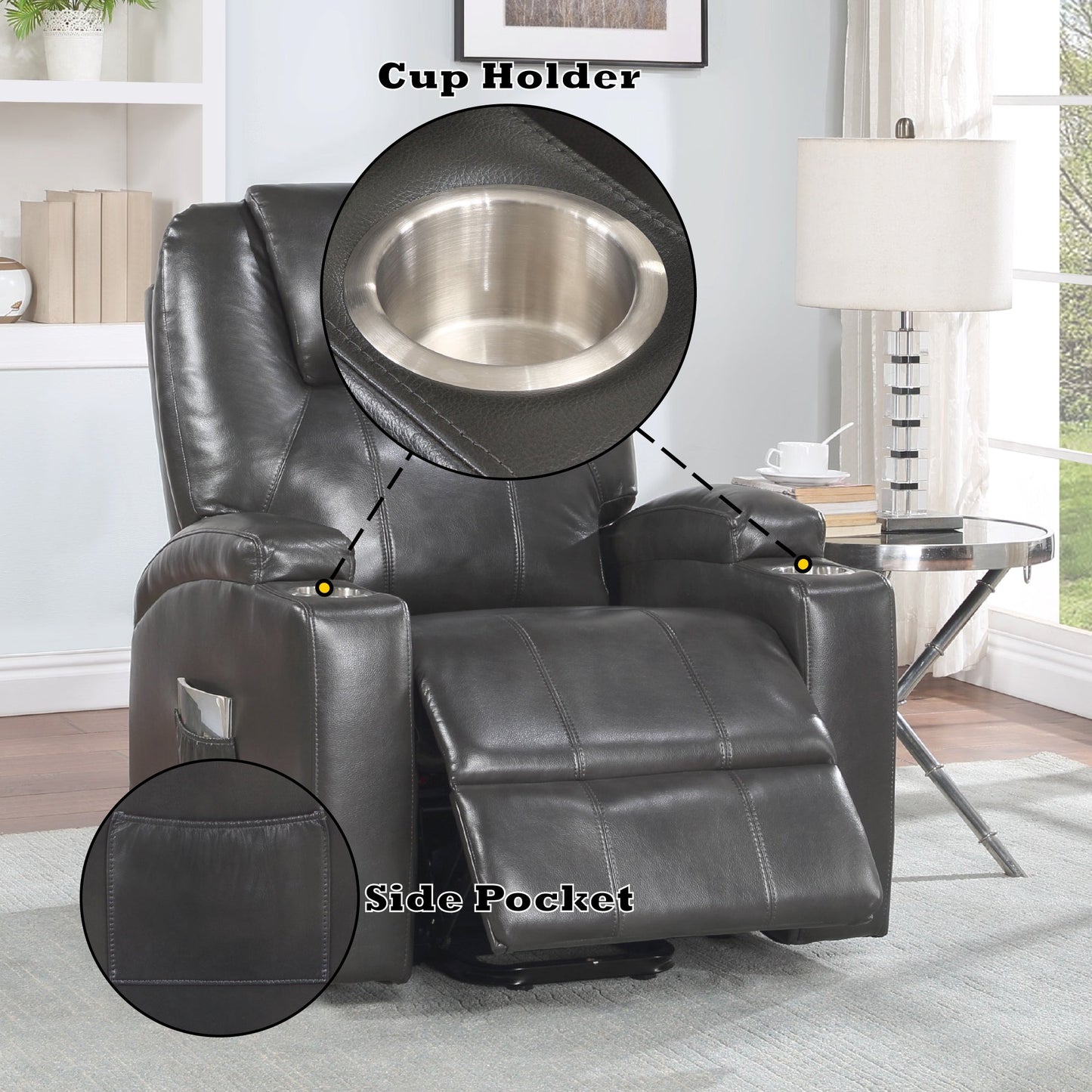 Gunmetal Leather Aire Recliner with Power Lift & Massage