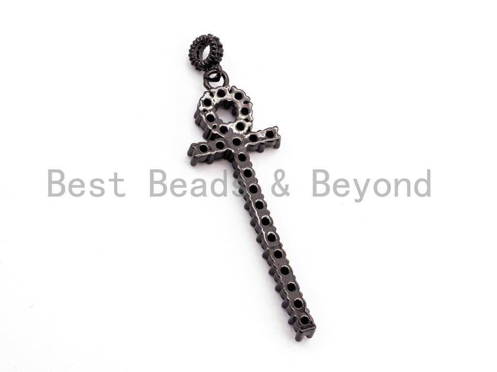 CZ Micro Pave Thin Ankh Cross Pendant, Cubic Zirconia Pendant, CZ Pave Focal Pendant/Charm, 17x51mm, 1pc, sku#F473