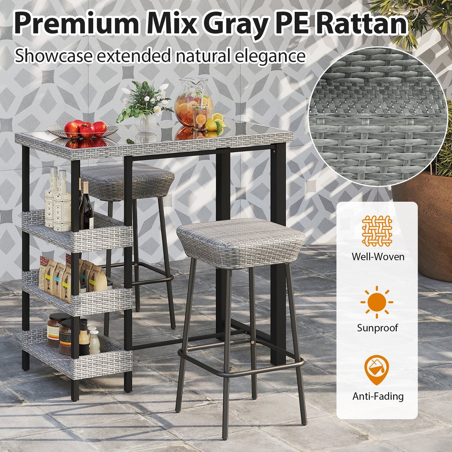 43.5 Inch Outdoor Bar Table with Tempered Glass Top